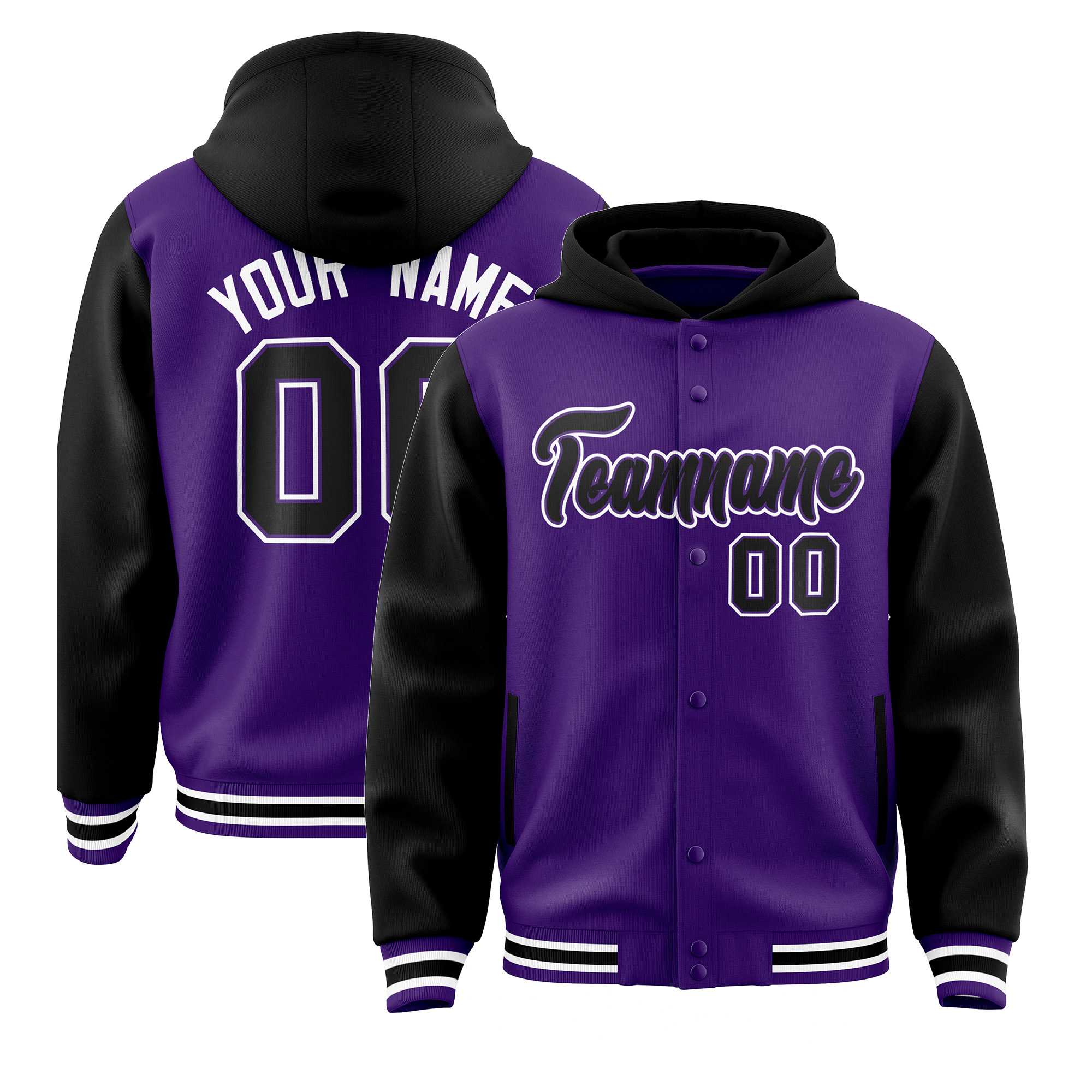 Custom Purple Black Raglan Sleeves Varsity Full-Snap Letterman Two Tone Jacket Hoodie| KXKSHOP