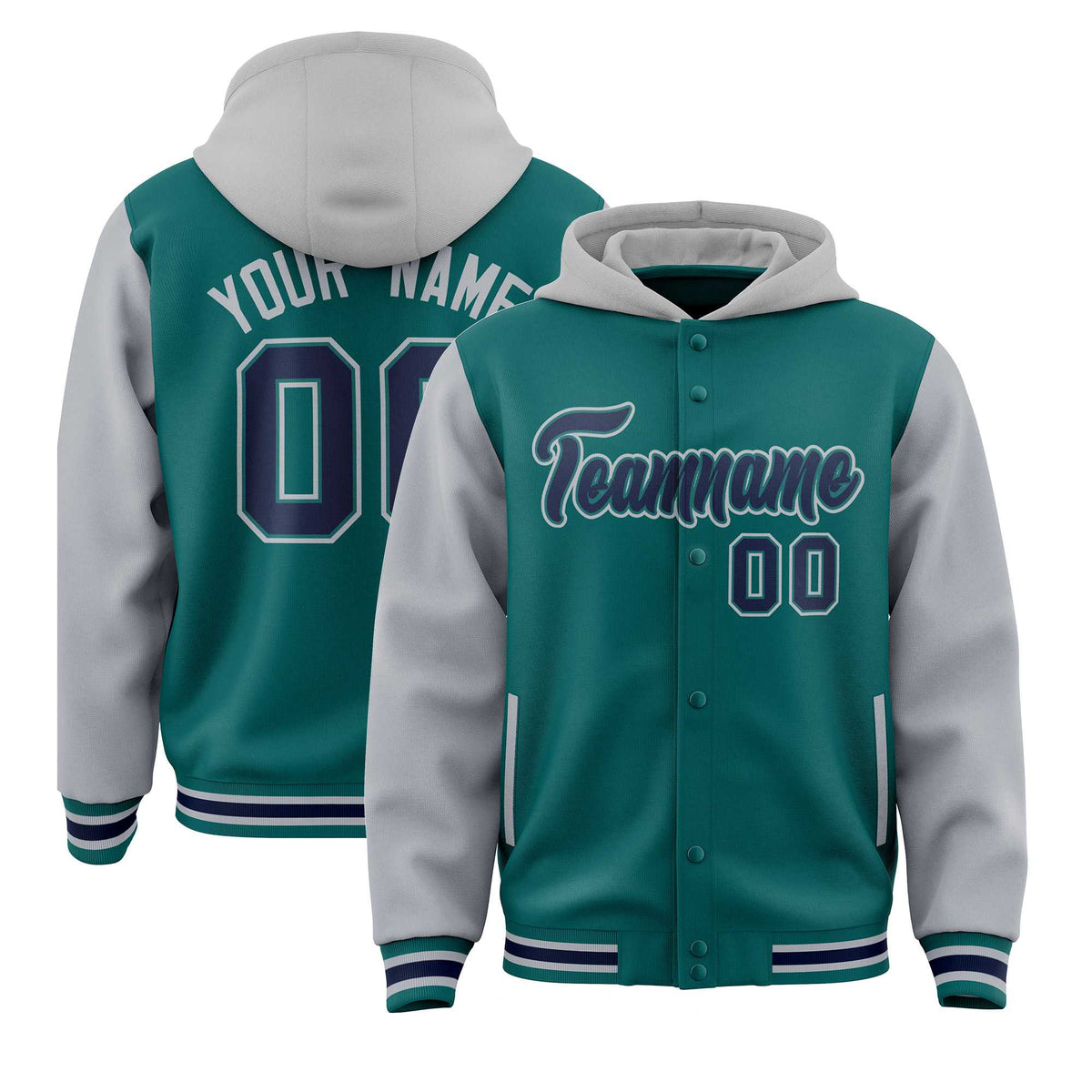 Custom Aqua Gray Raglan Sleeves Varsity Full-Snap Letterman Two Tone Jacket Hoodie| KXKSHOP