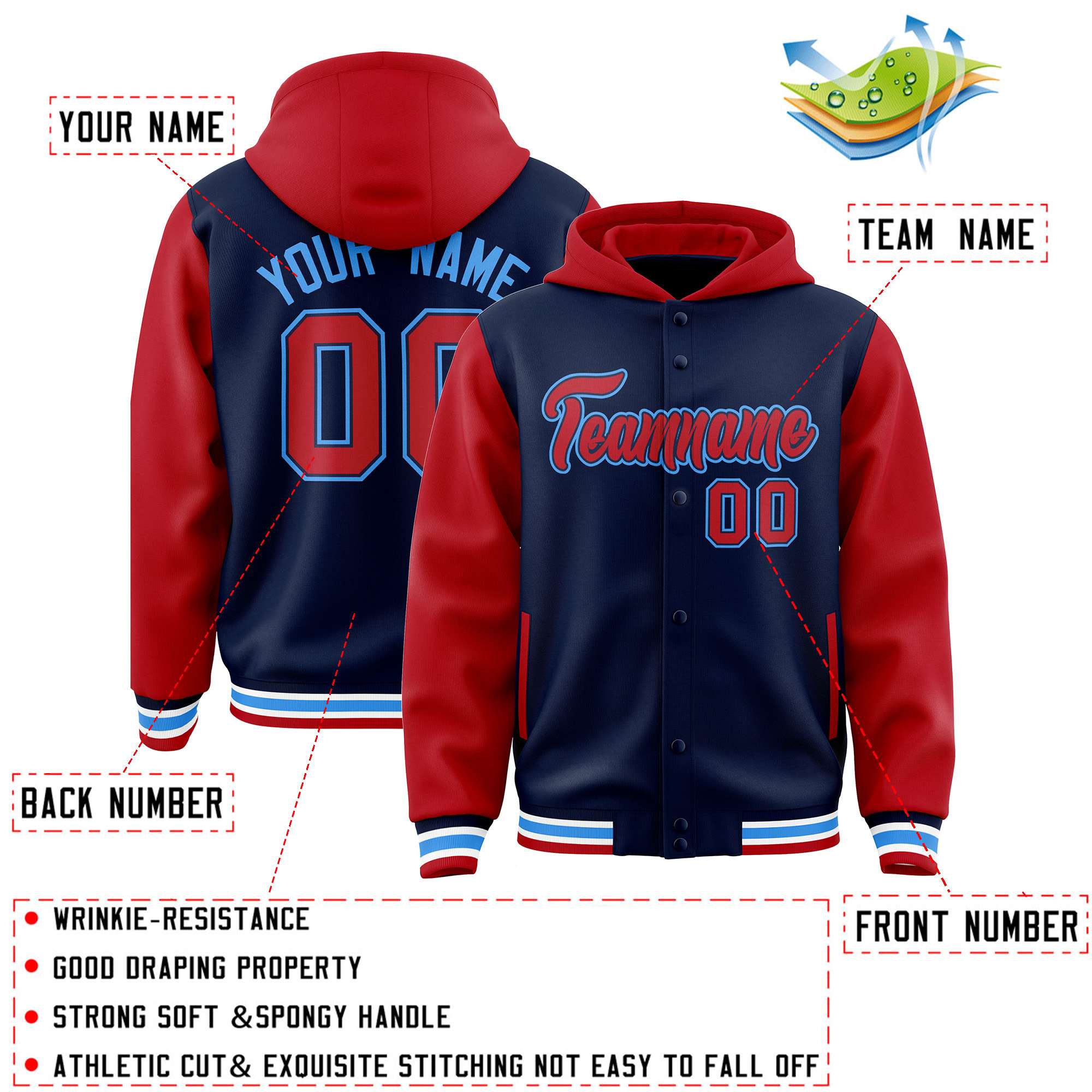 Custom Navy Red Raglan Sleeves Varsity Full-Snap Letterman Two Tone Jacket Hoodie| KXKSHOP
