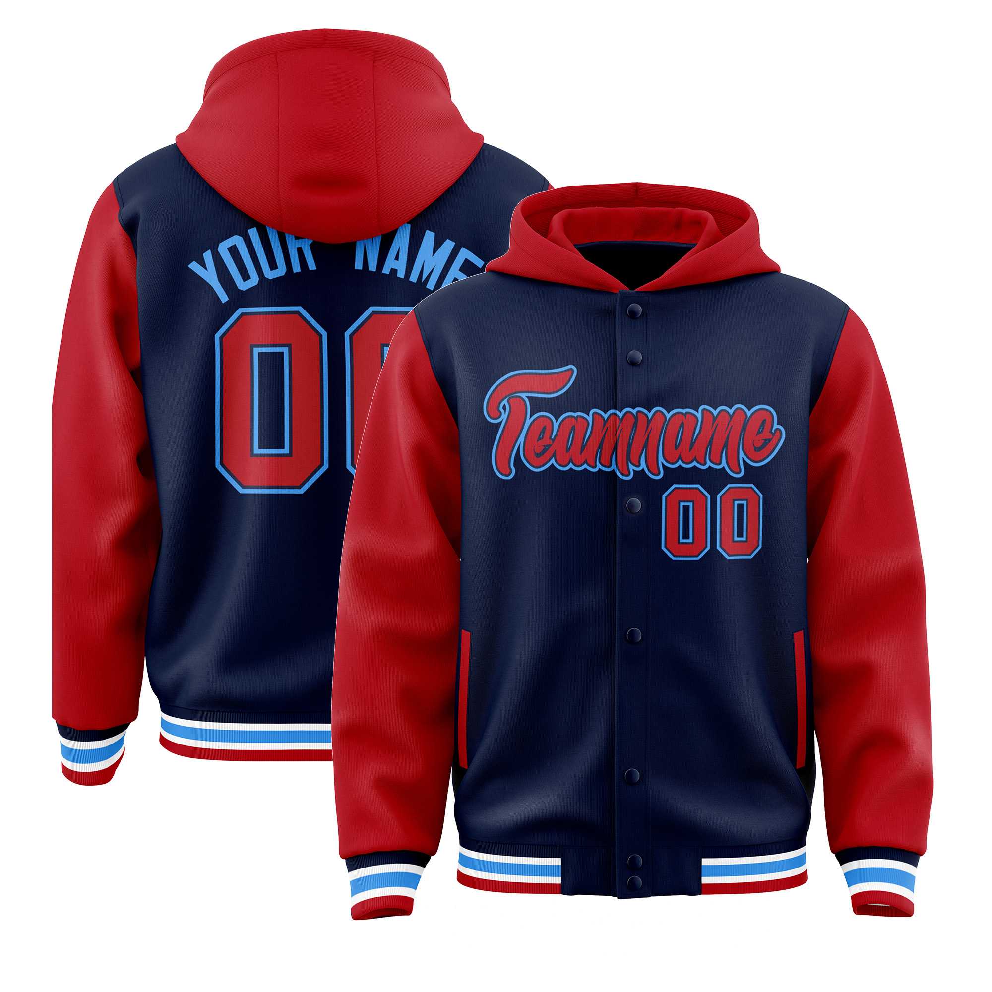 Custom Navy Red Raglan Sleeves Varsity Full-Snap Letterman Two Tone Jacket Hoodie| KXKSHOP
