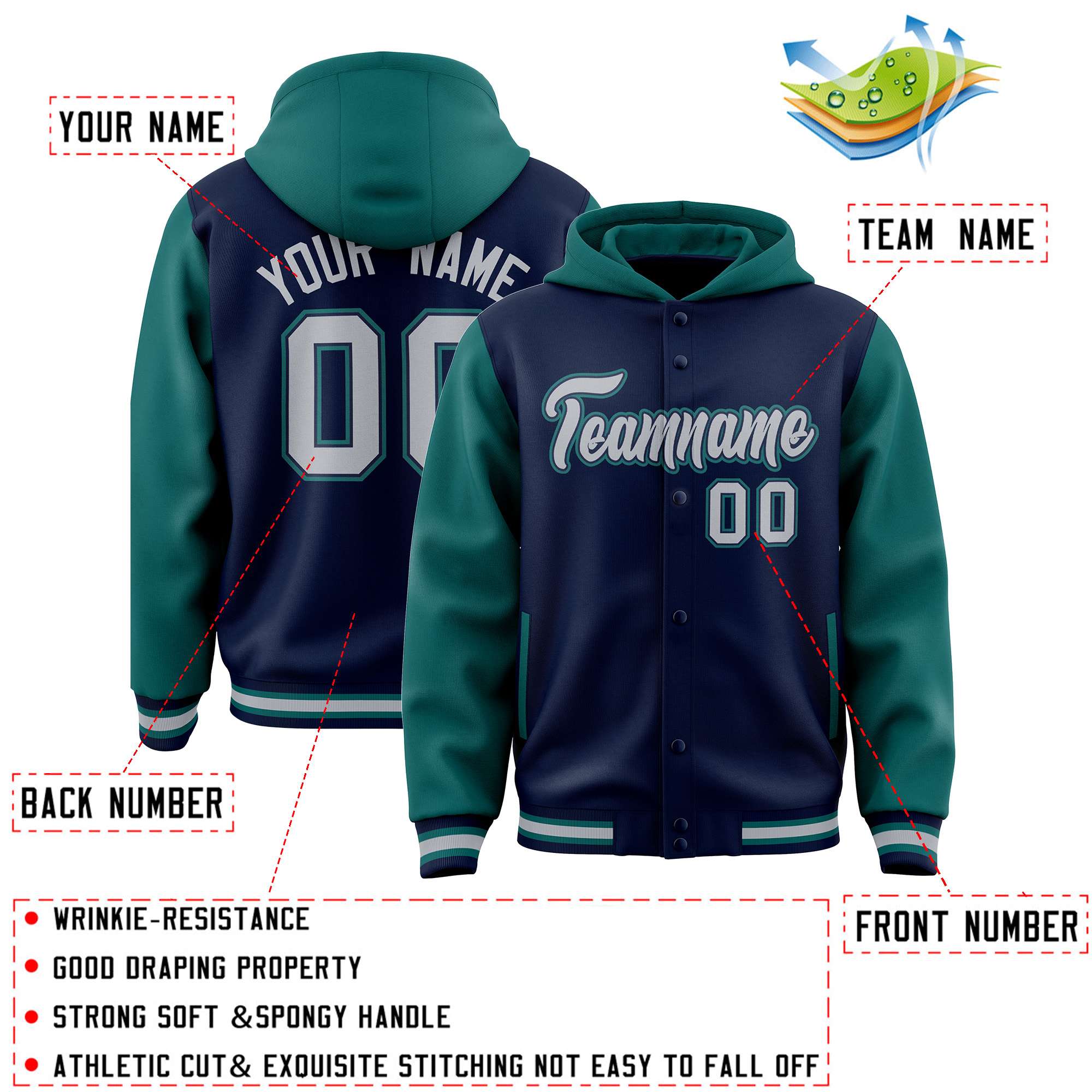 Custom Navy Aqua Raglan Sleeves Varsity Full-Snap Letterman Two Tone Jacket Hoodie| KXKSHOP