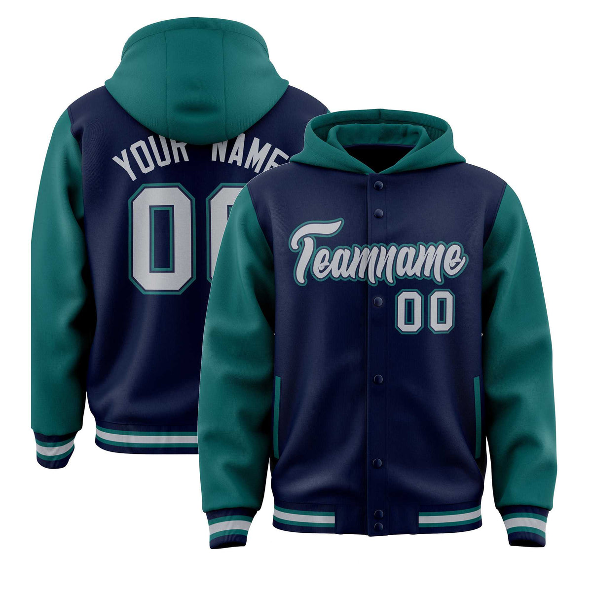 Custom Navy Aqua Raglan Sleeves Varsity Full-Snap Letterman Two Tone Jacket Hoodie| KXKSHOP
