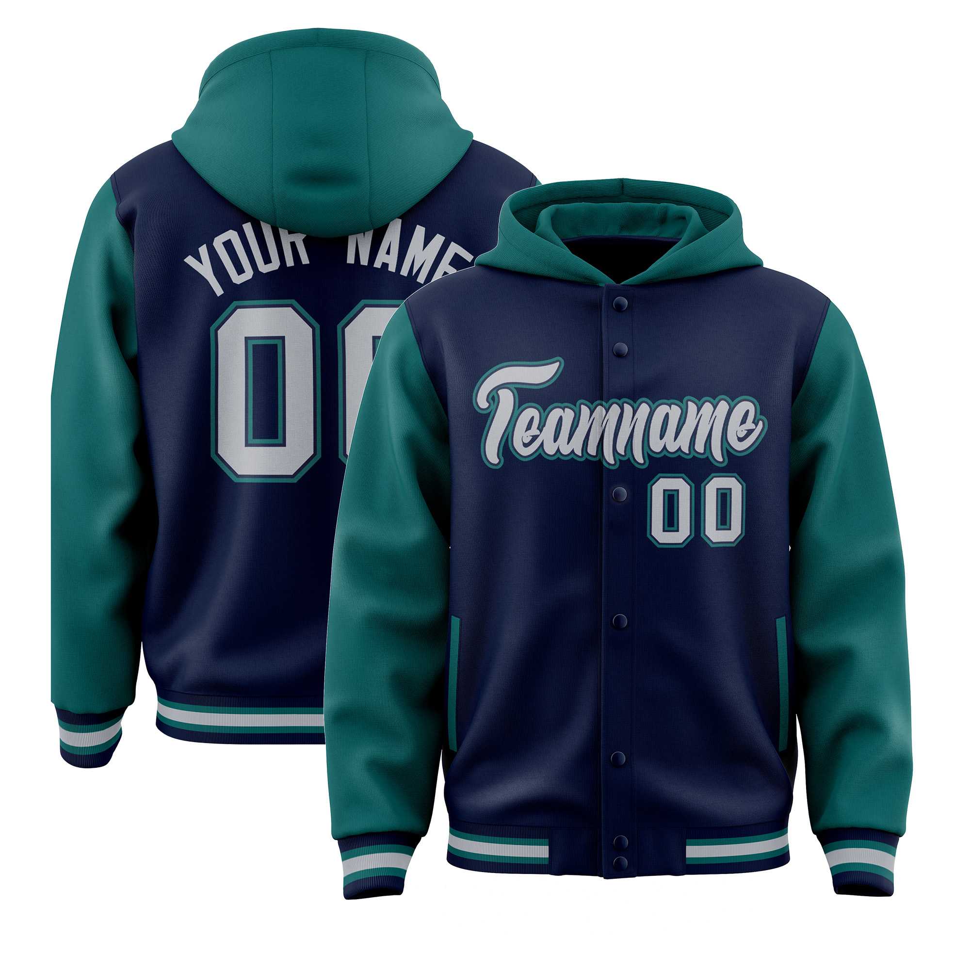Custom Navy Aqua Raglan Sleeves Varsity Full-Snap Letterman Two Tone Jacket Hoodie| KXKSHOP