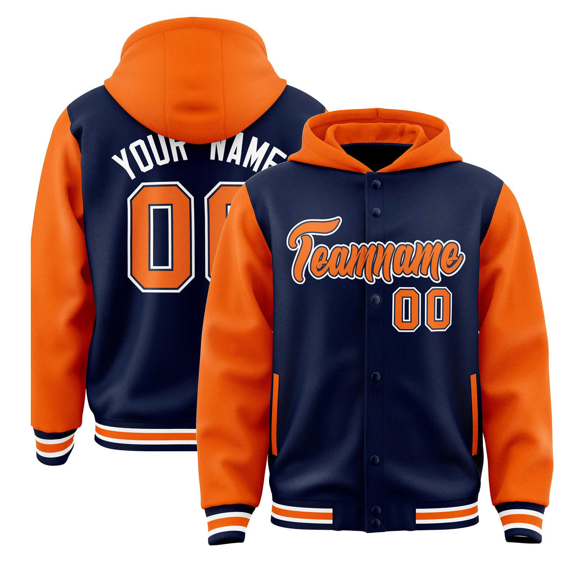 Custom Navy Orange Raglan Sleeves Varsity Full-Snap Letterman Two Tone Jacket Hoodie| KXKSHOP