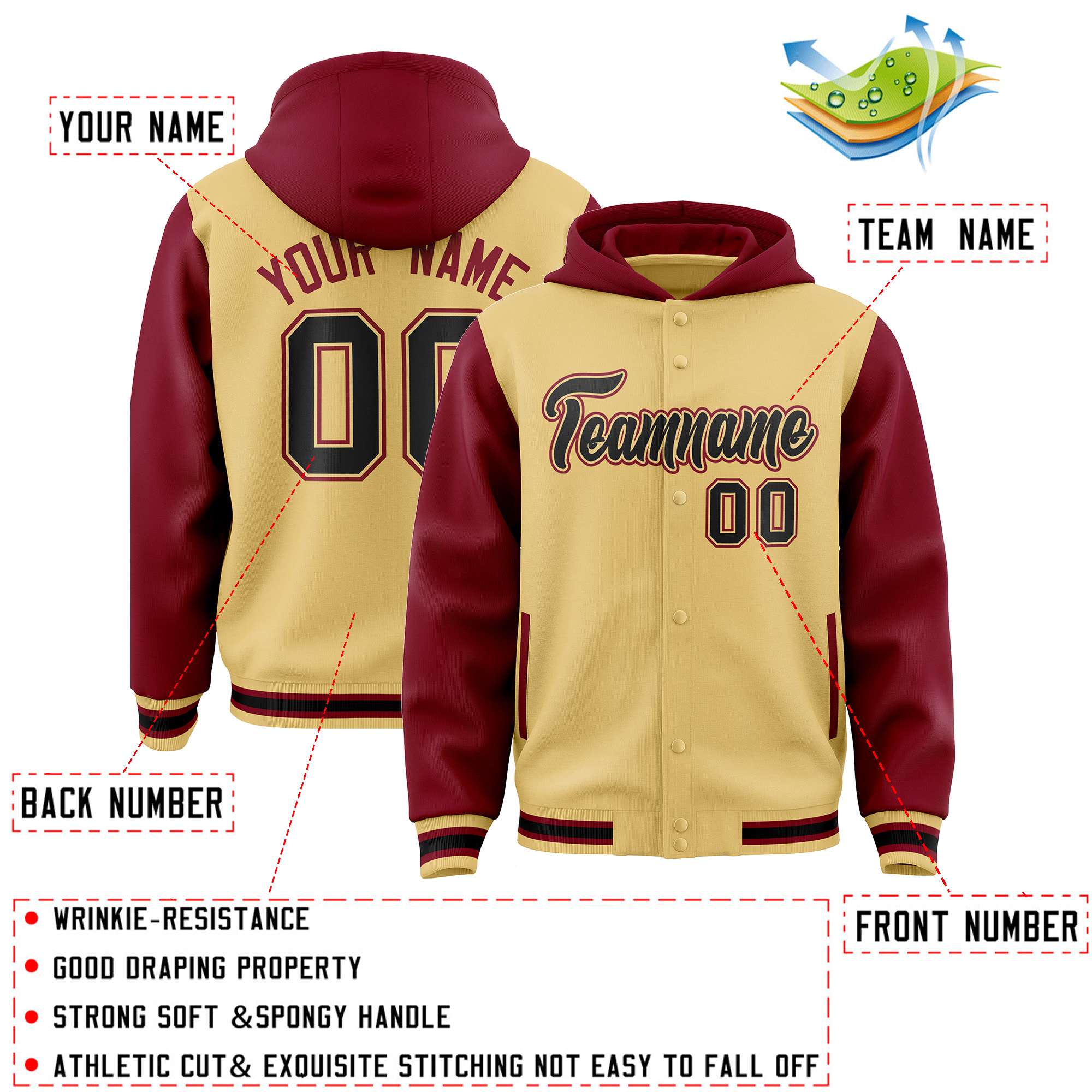 Custom Khaki Crimson Raglan Sleeves Varsity Full-Snap Letterman Two Tone Jacket Hoodie| KXKSHOP