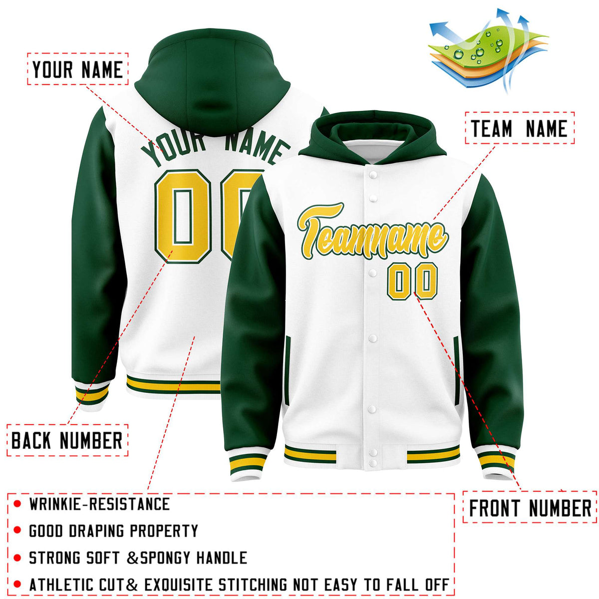 Custom White Green Raglan Sleeves Varsity Full-Snap Letterman Two Tone Jacket Hoodie| KXKSHOP