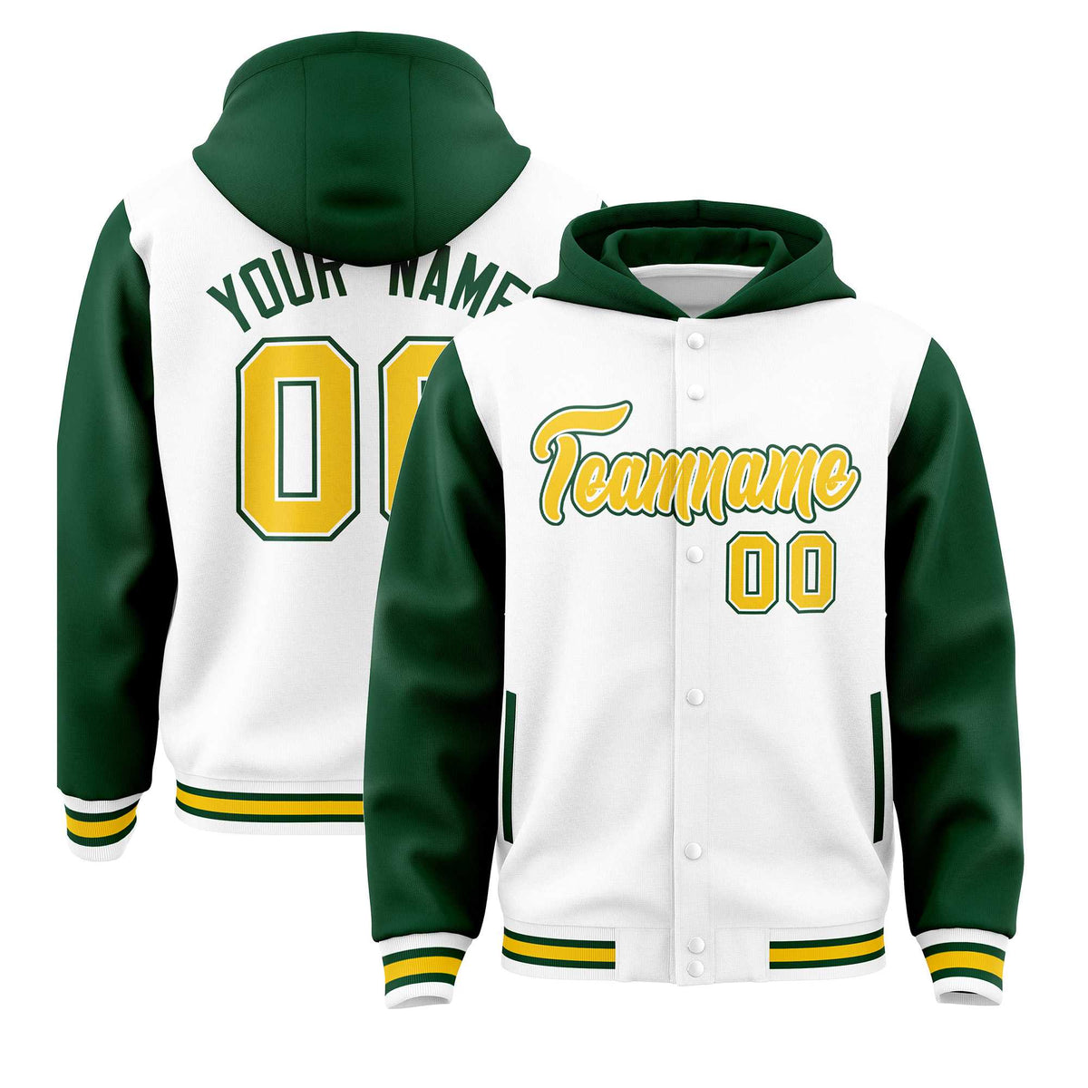 Custom White Green Raglan Sleeves Varsity Full-Snap Letterman Two Tone Jacket Hoodie| KXKSHOP
