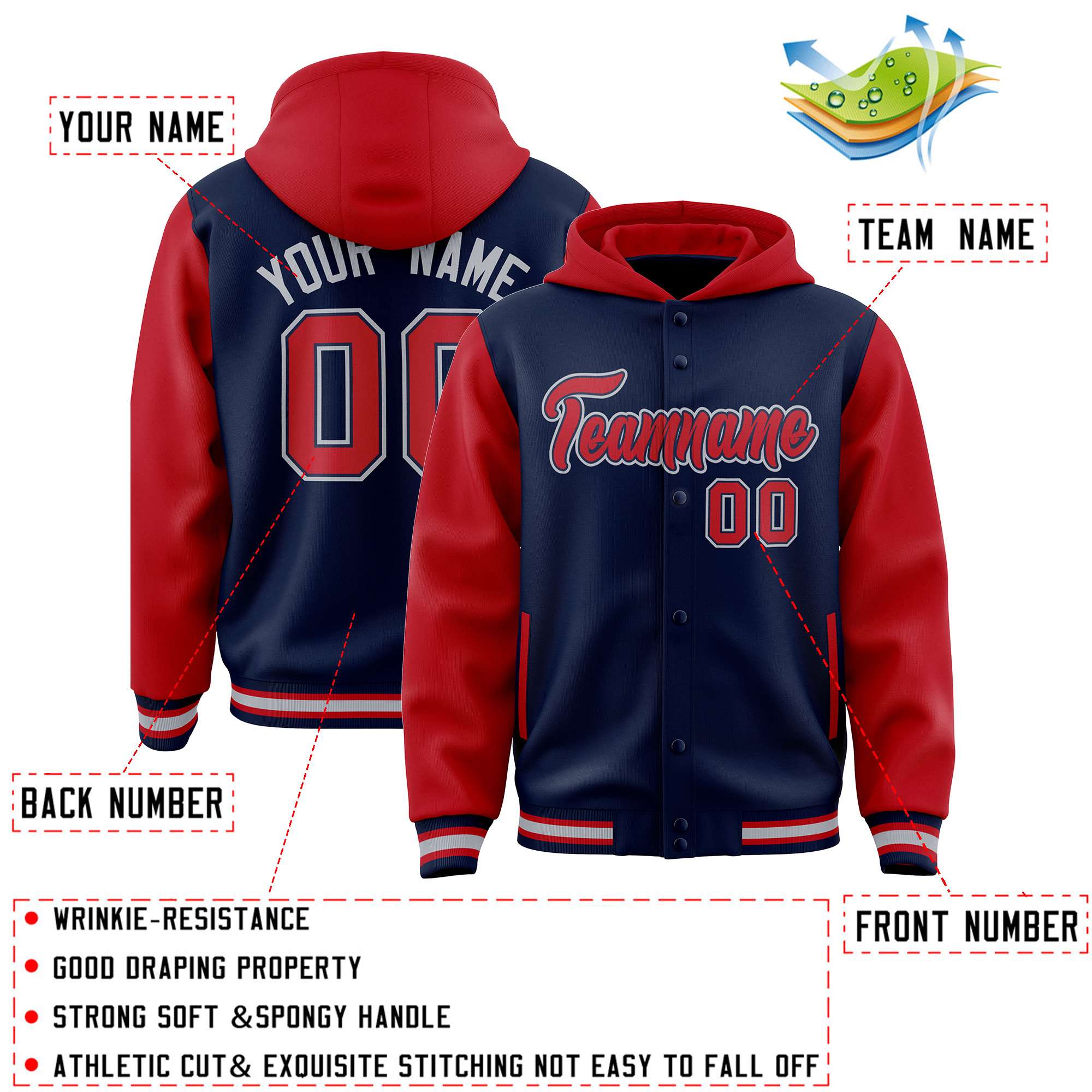 Custom Navy Red Raglan Sleeves Varsity Full-Snap Letterman Two Tone Jacket Hoodie| KXKSHOP