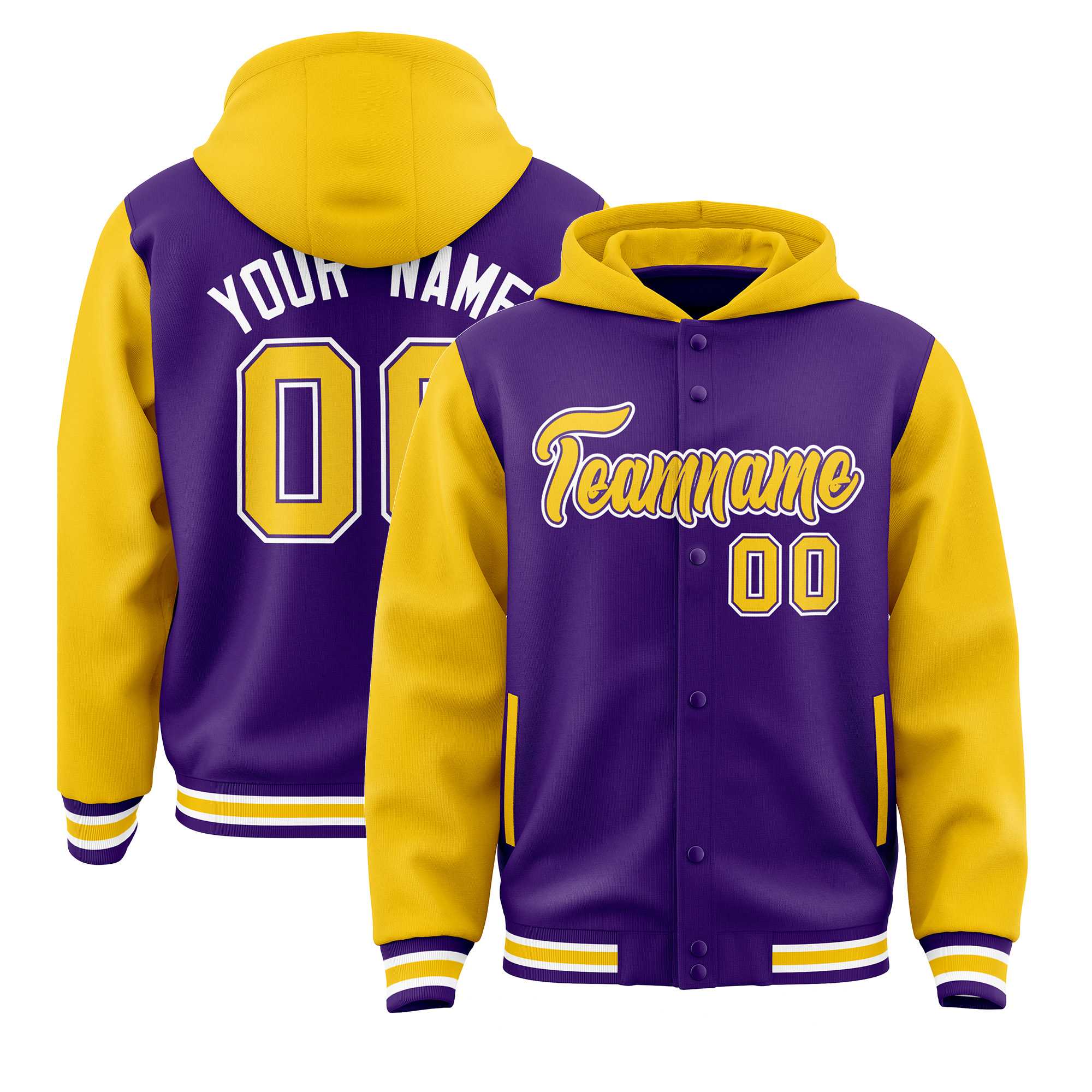 Custom Purple Gold Raglan Sleeves Varsity Full-Snap Letterman Two Tone Jacket Hoodie| KXKSHOP