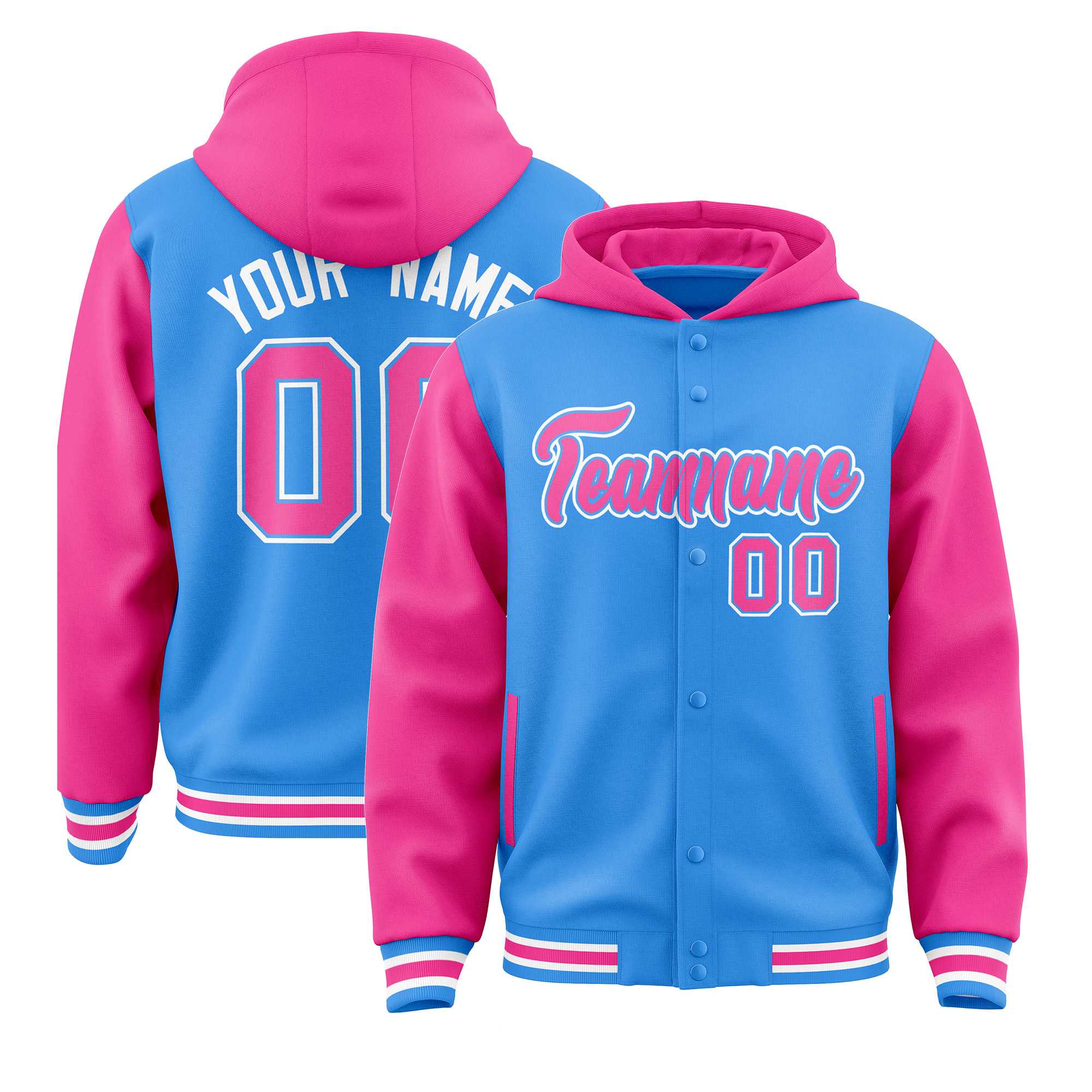 Custom Powder Blue Pink Raglan Sleeves Varsity Full-Snap Letterman Two Tone Jacket Hoodie| KXKSHOP