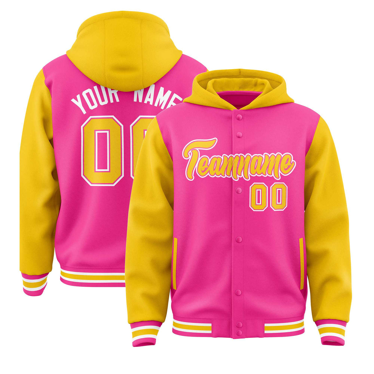 Custom Pink Gold Raglan Sleeves Varsity Full-Snap Letterman Two Tone Jacket Hoodie| KXKSHOP