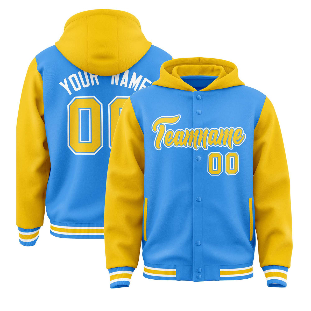 Custom Powder Blue Gold Raglan Sleeves Varsity Full-Snap Letterman Two Tone Jacket Hoodie| KXKSHOP