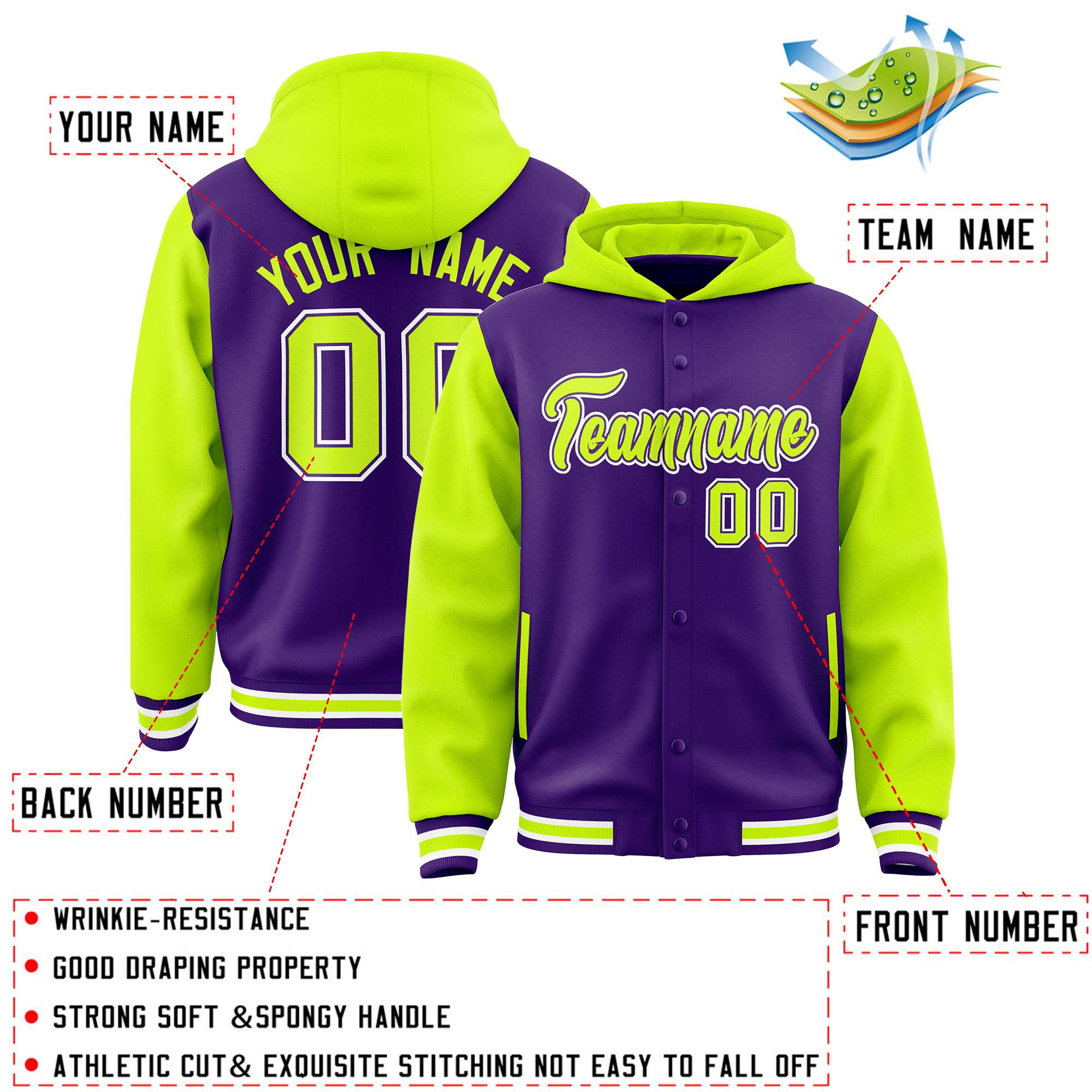 Custom Purple Neon Green Raglan Sleeves Varsity Full-Snap Letterman Two Tone Jacket Hoodie| KXKSHOP