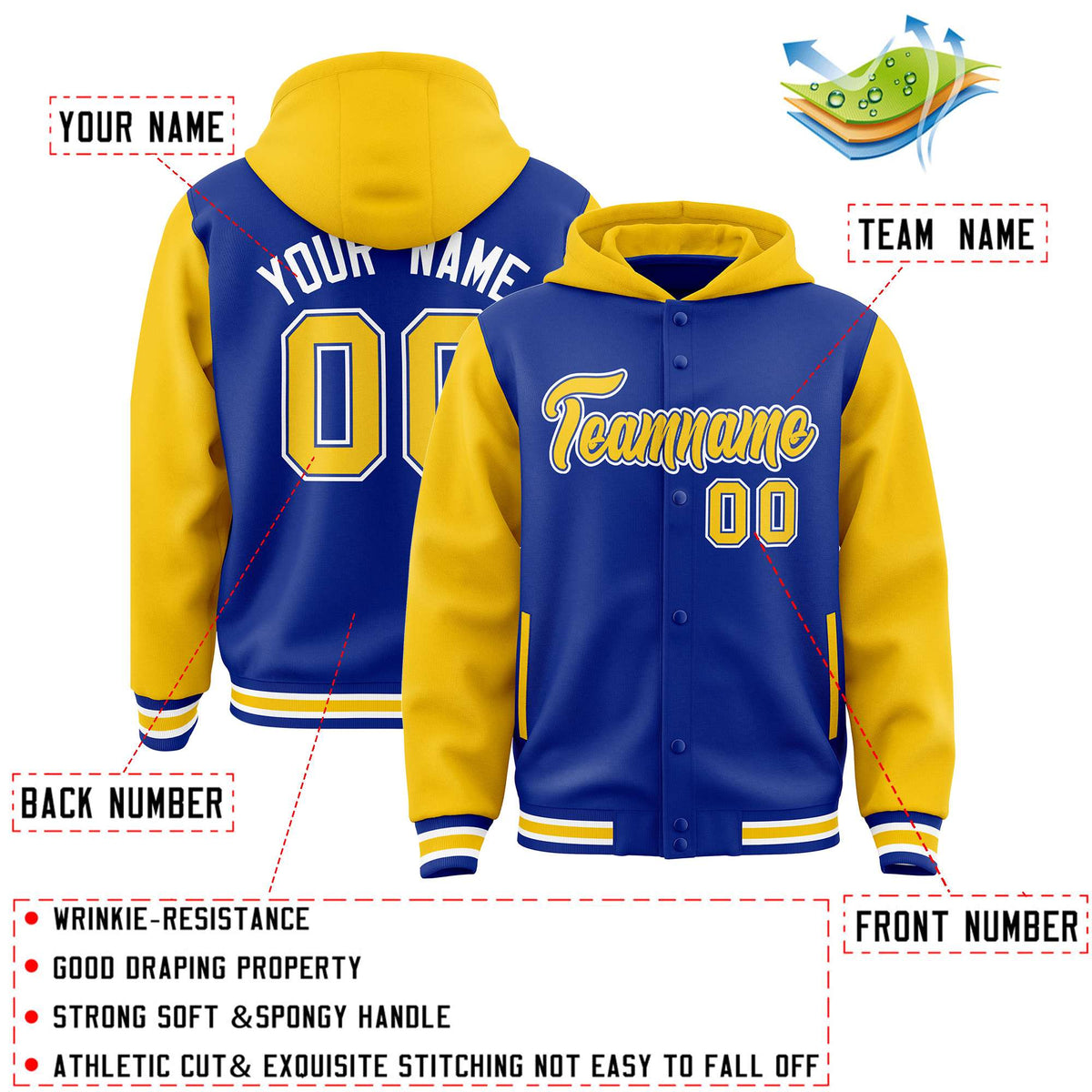 Custom Royal Gold Raglan Sleeves Varsity Full-Snap Letterman Two Tone Jacket Hoodie| KXKSHOP