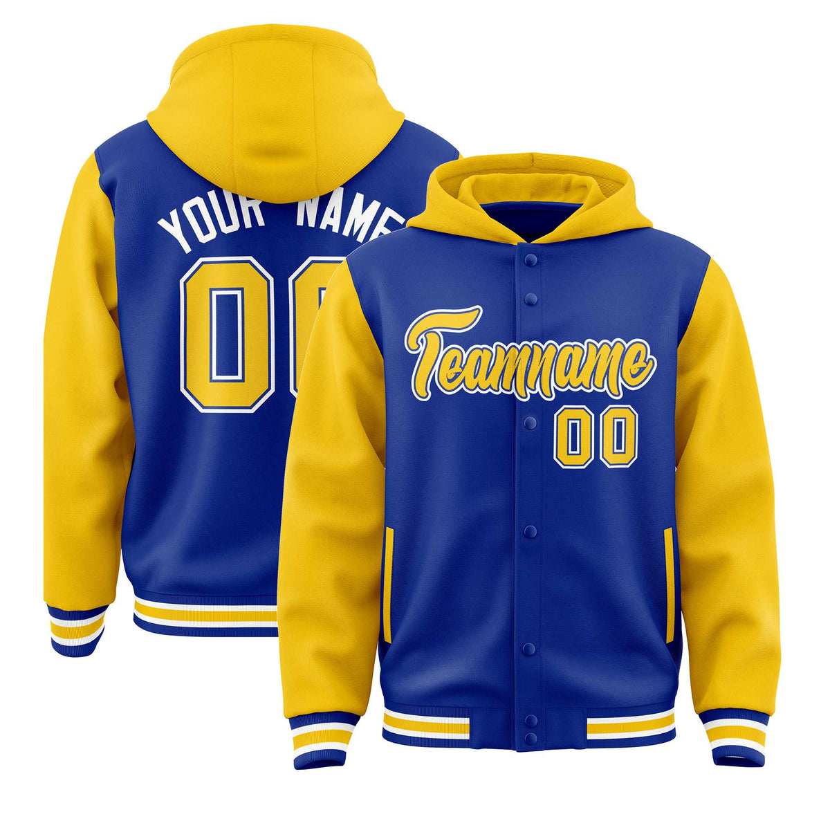 Custom Royal Gold Raglan Sleeves Varsity Full-Snap Letterman Two Tone Jacket Hoodie| KXKSHOP