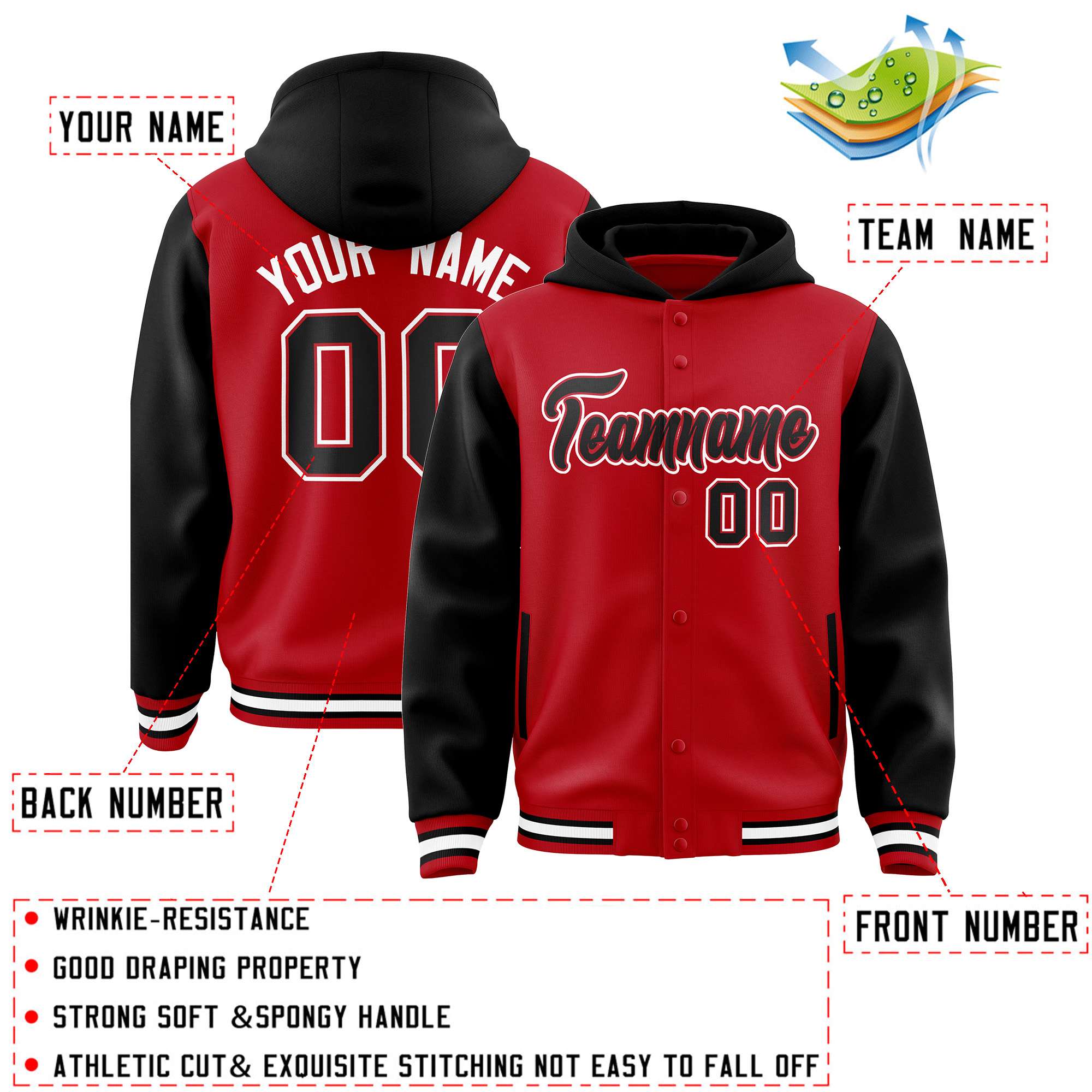 Custom Red Black Raglan Sleeves Varsity Full-Snap Letterman Two Tone Jacket Hoodie| KXKSHOP