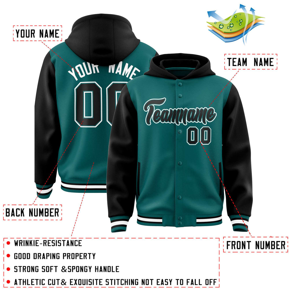 Custom Aqua Black Raglan Sleeves Varsity Full-Snap Letterman Two Tone Jacket Hoodie| KXKSHOP