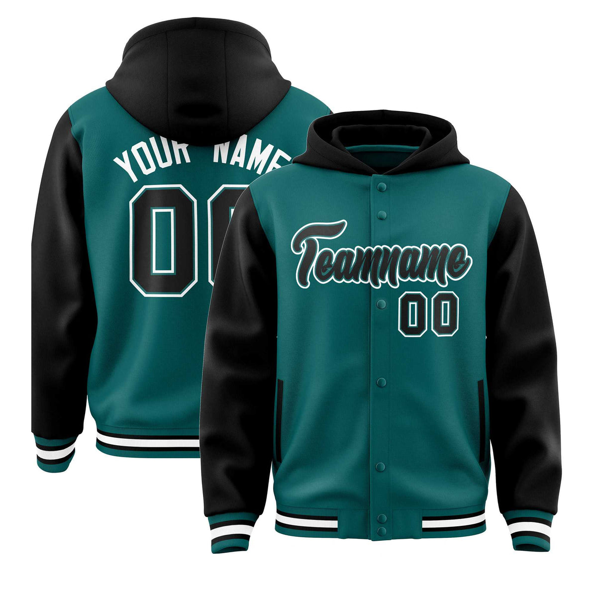 Custom Aqua Black Raglan Sleeves Varsity Full-Snap Letterman Two Tone Jacket Hoodie| KXKSHOP