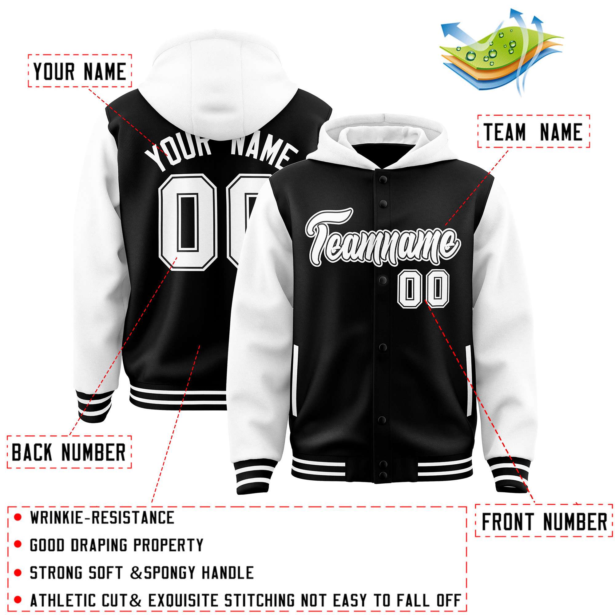 Custom Black White Raglan Sleeves Varsity Full-Snap Letterman Two Tone Jacket Hoodie| KXKSHOP