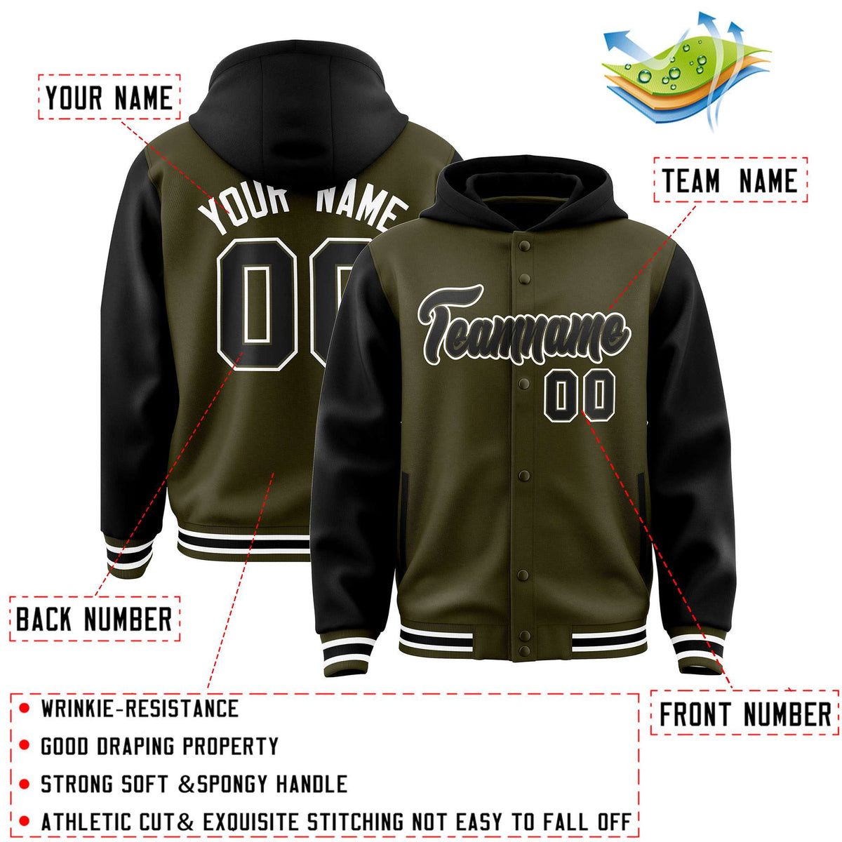 Custom Olive Black Raglan Sleeves Varsity Full-Snap Letterman Two Tone Jacket Hoodie| KXKSHOP