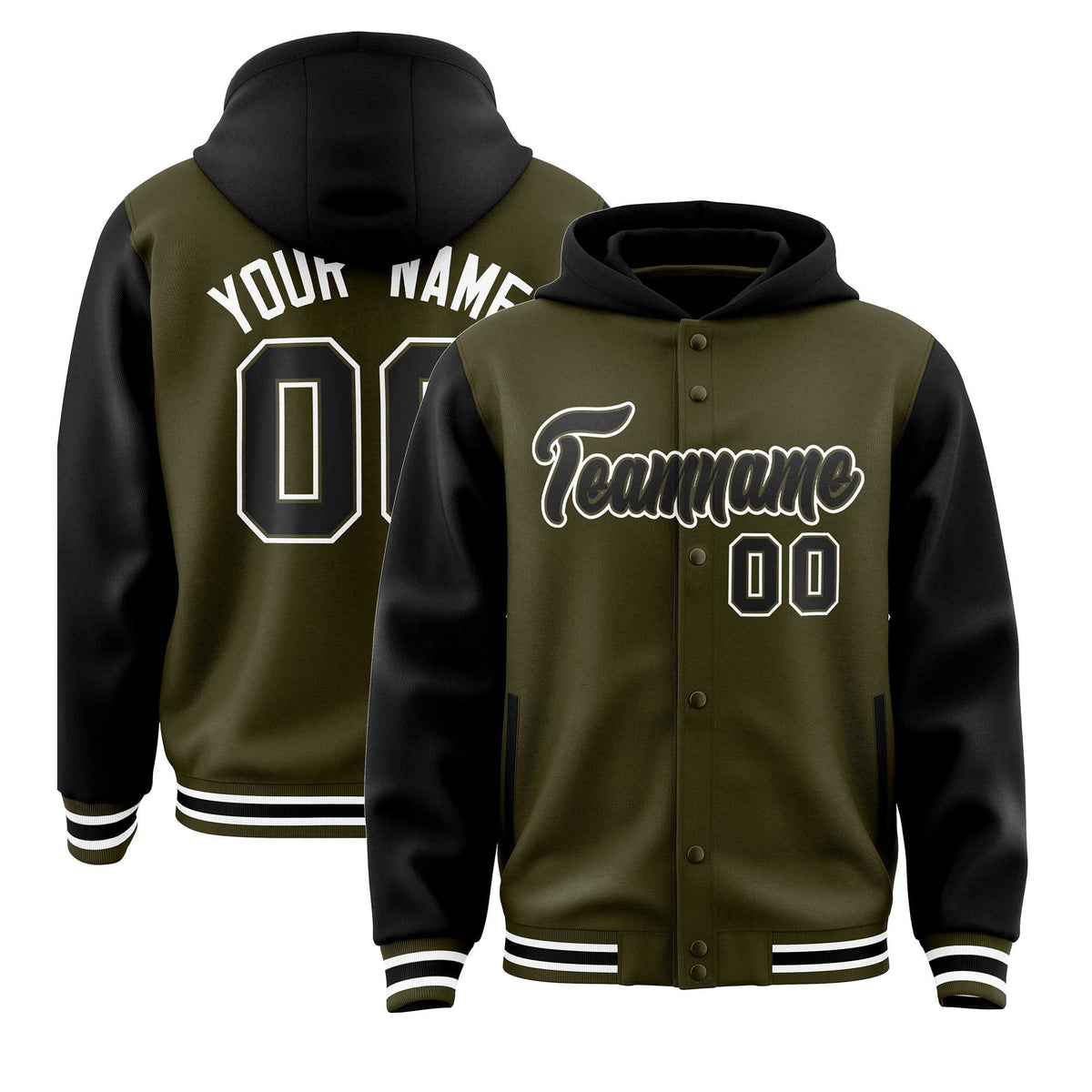 Custom Olive Black Raglan Sleeves Varsity Full-Snap Letterman Two Tone Jacket Hoodie| KXKSHOP