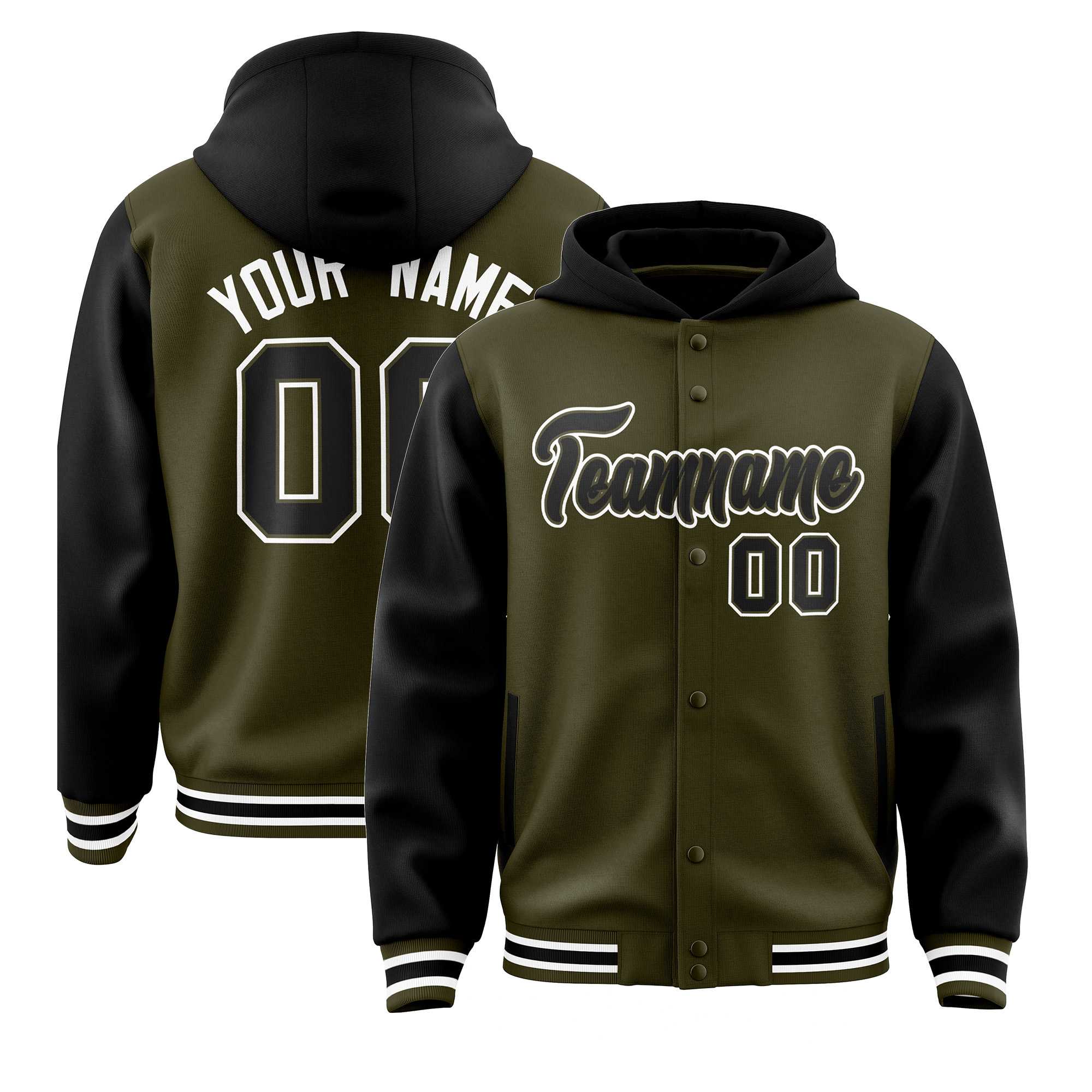 Custom Olive Black Raglan Sleeves Varsity Full-Snap Letterman Two Tone Jacket Hoodie| KXKSHOP