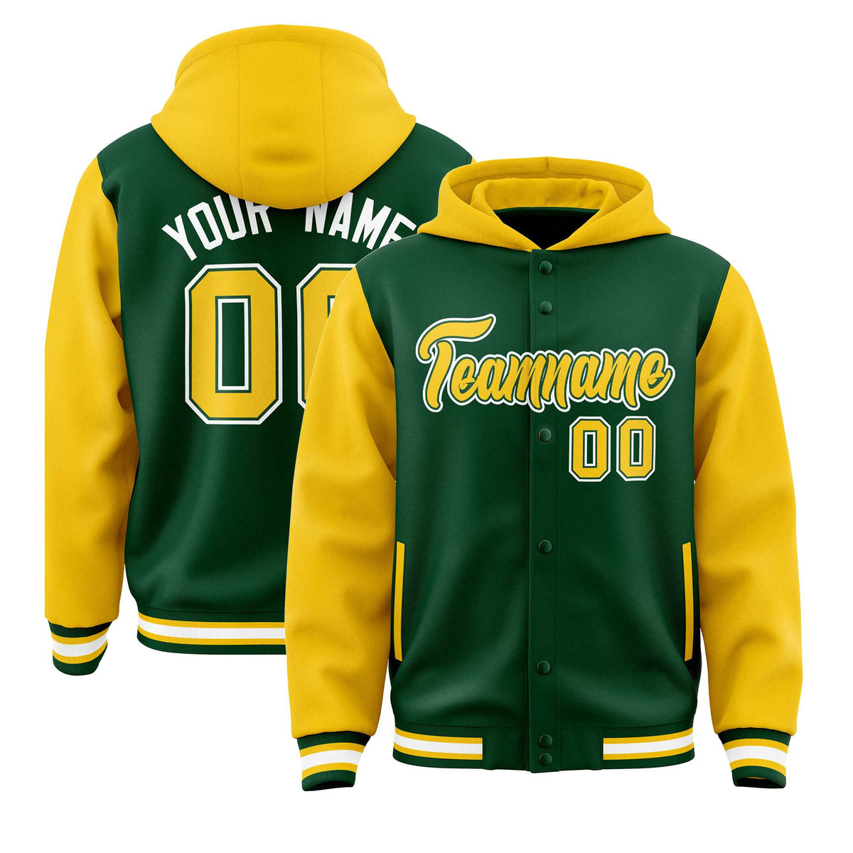 Custom Green Gold Raglan Sleeves Varsity Full-Snap Letterman Two Tone Jacket Hoodie| KXKSHOP