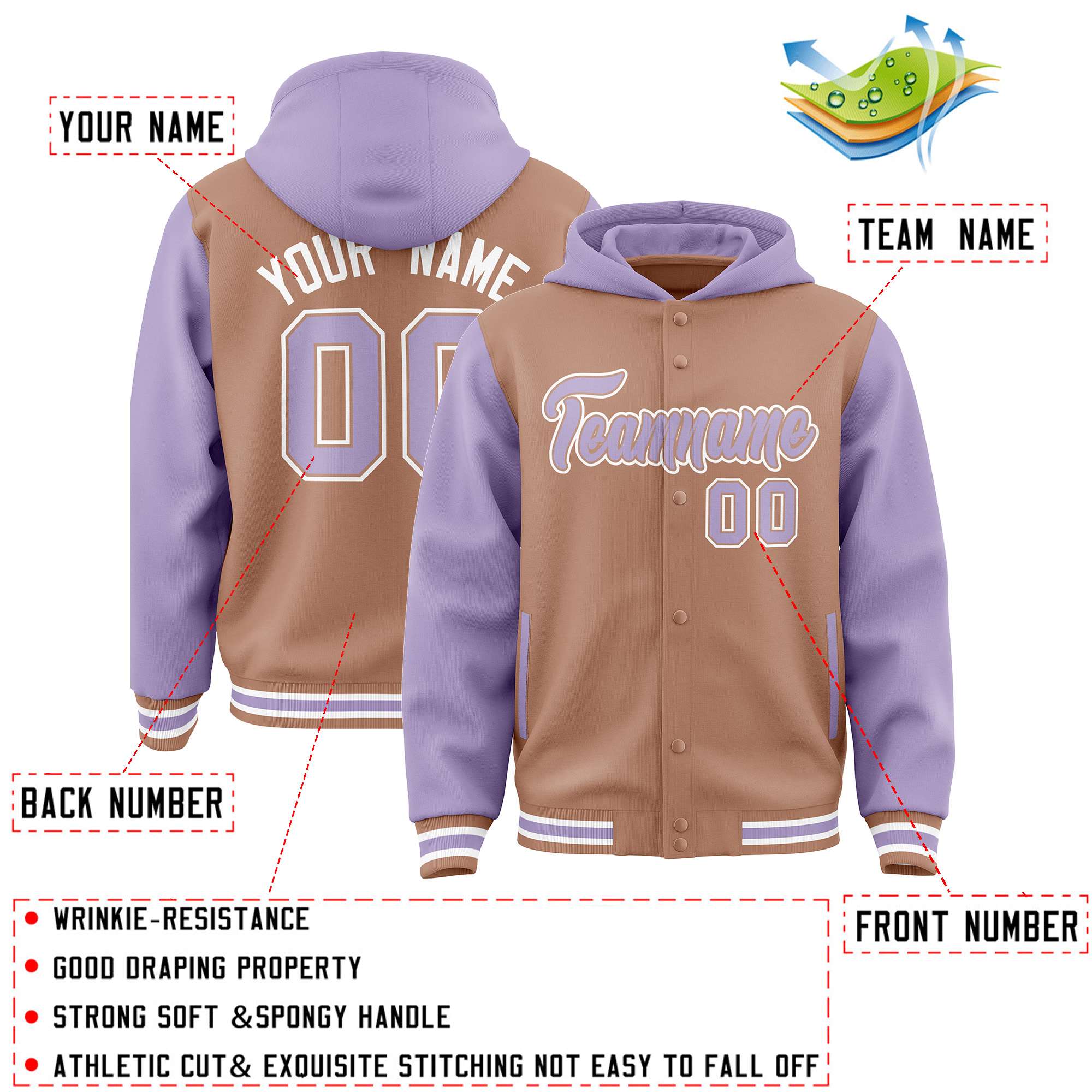 Custom Teabrown Light Purple Raglan Sleeves Varsity Full-Snap Letterman Two Tone Jacket Hoodie| KXKSHOP