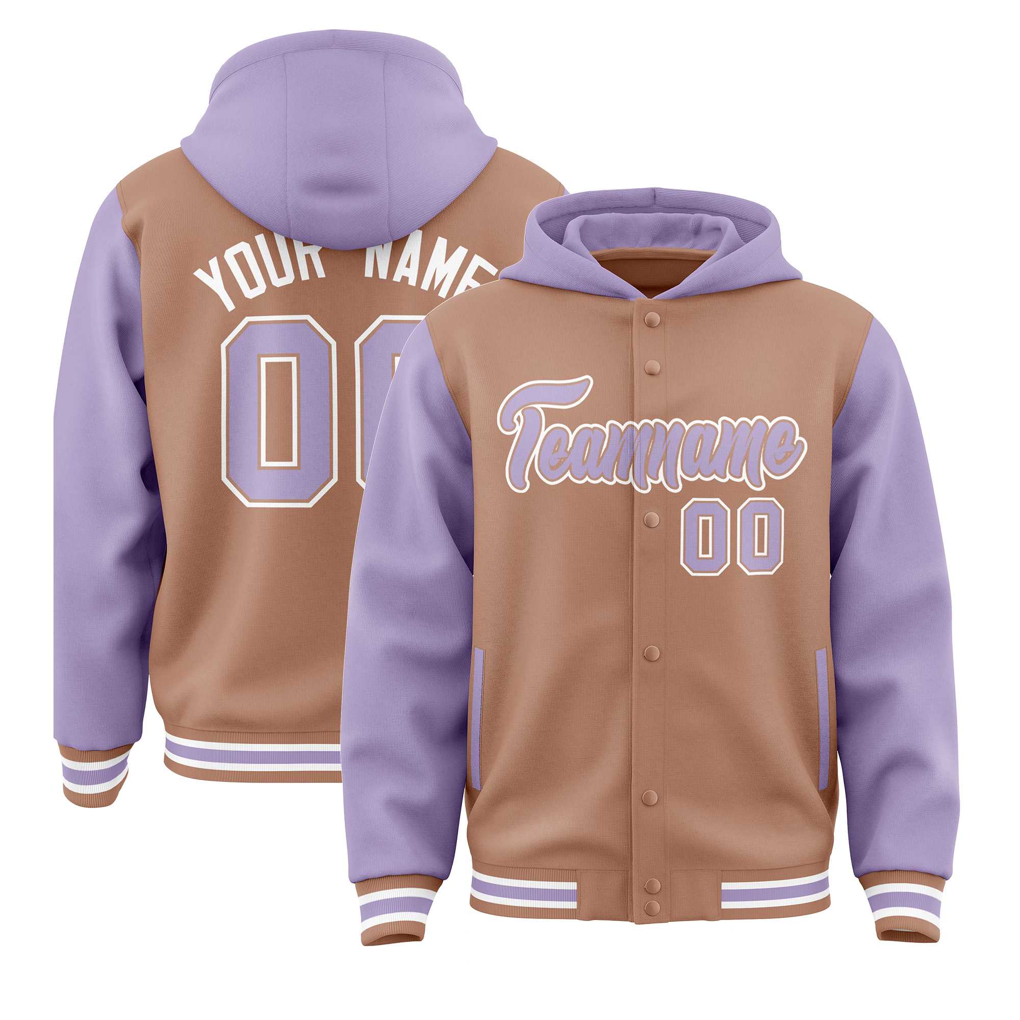 Custom Teabrown Light Purple Raglan Sleeves Varsity Full-Snap Letterman Two Tone Jacket Hoodie| KXKSHOP