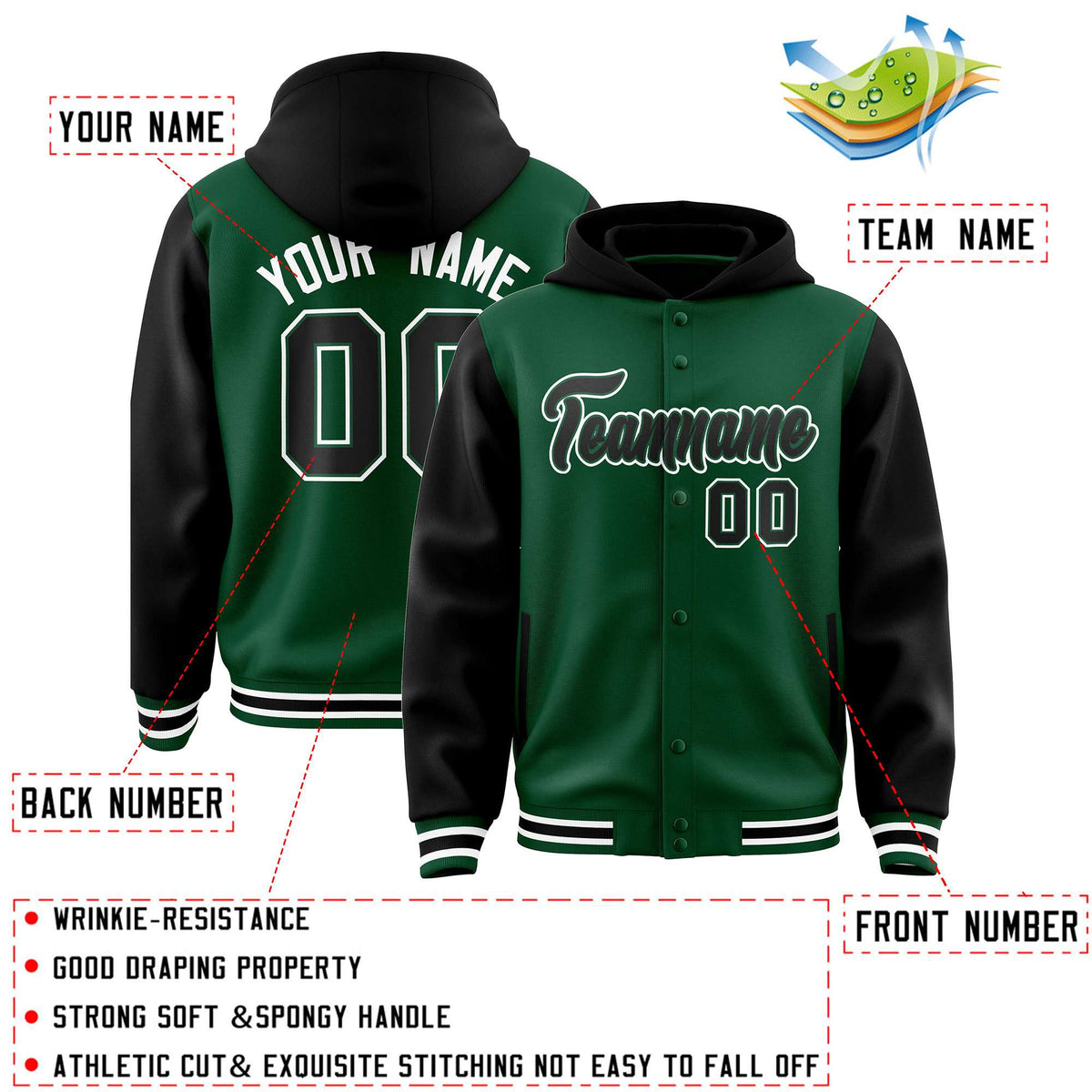 Custom Green Black Raglan Sleeves Varsity Full-Snap Letterman Two Tone Jacket Hoodie| KXKSHOP