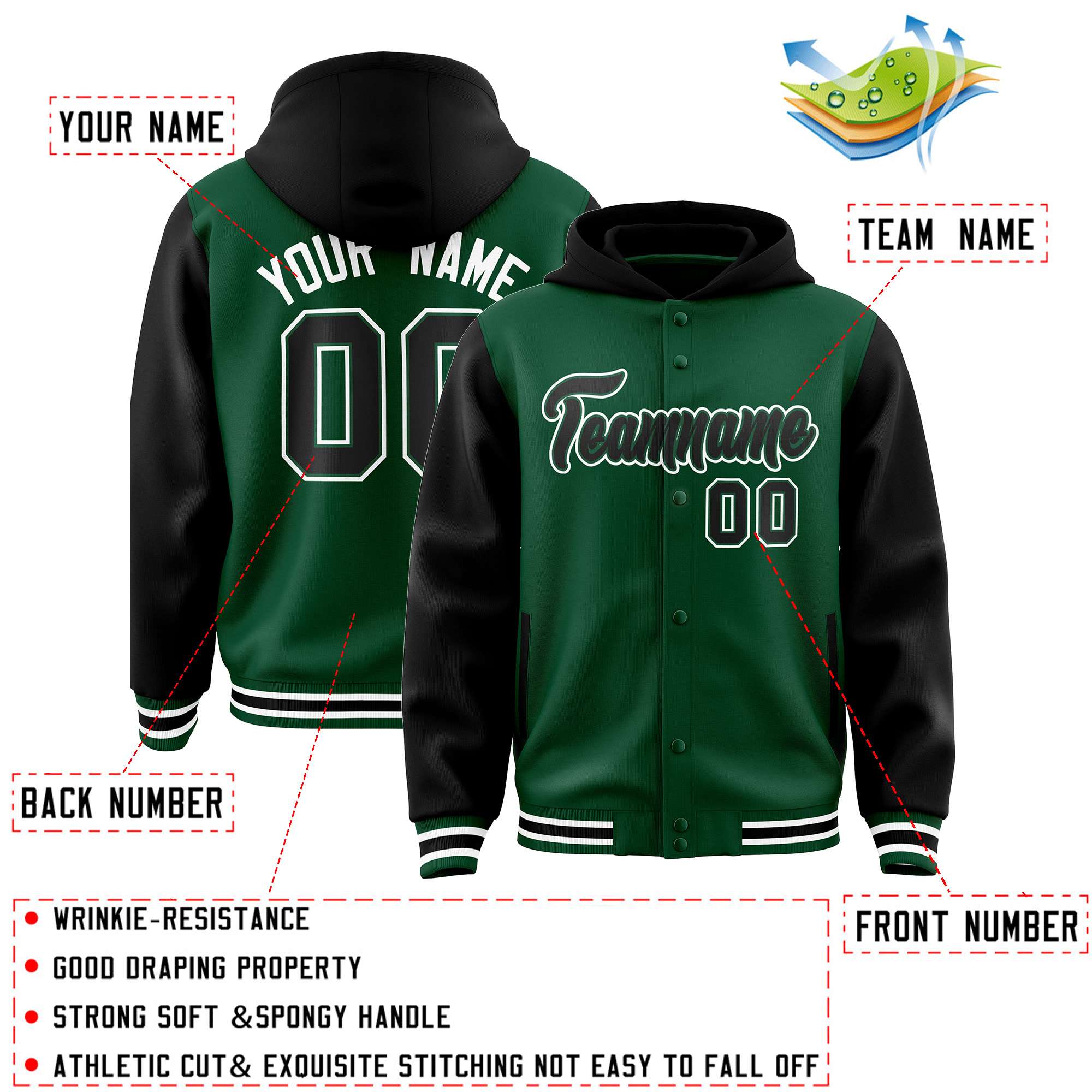 Custom Green Black Raglan Sleeves Varsity Full-Snap Letterman Two Tone Jacket Hoodie| KXKSHOP