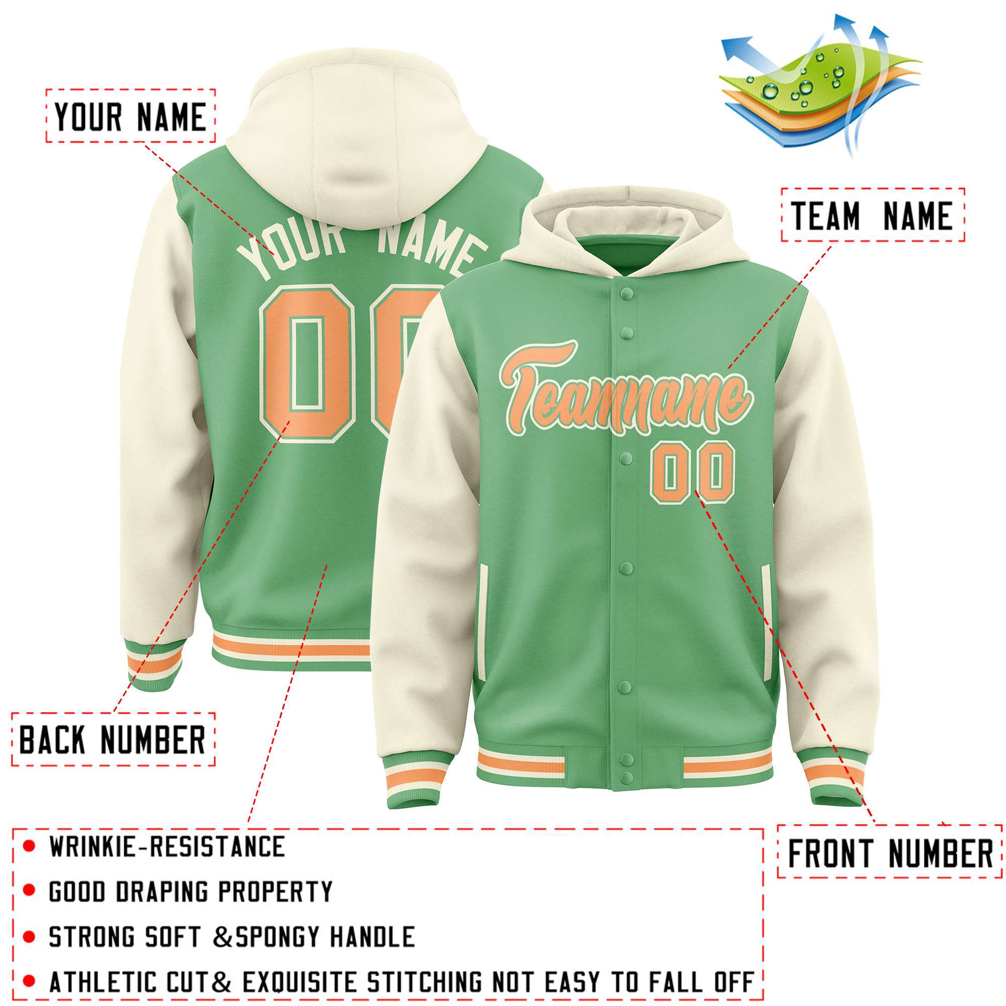 Custom Green Cream Raglan Sleeves Varsity Full-Snap Letterman Two Tone Jacket Hoodie| KXKSHOP