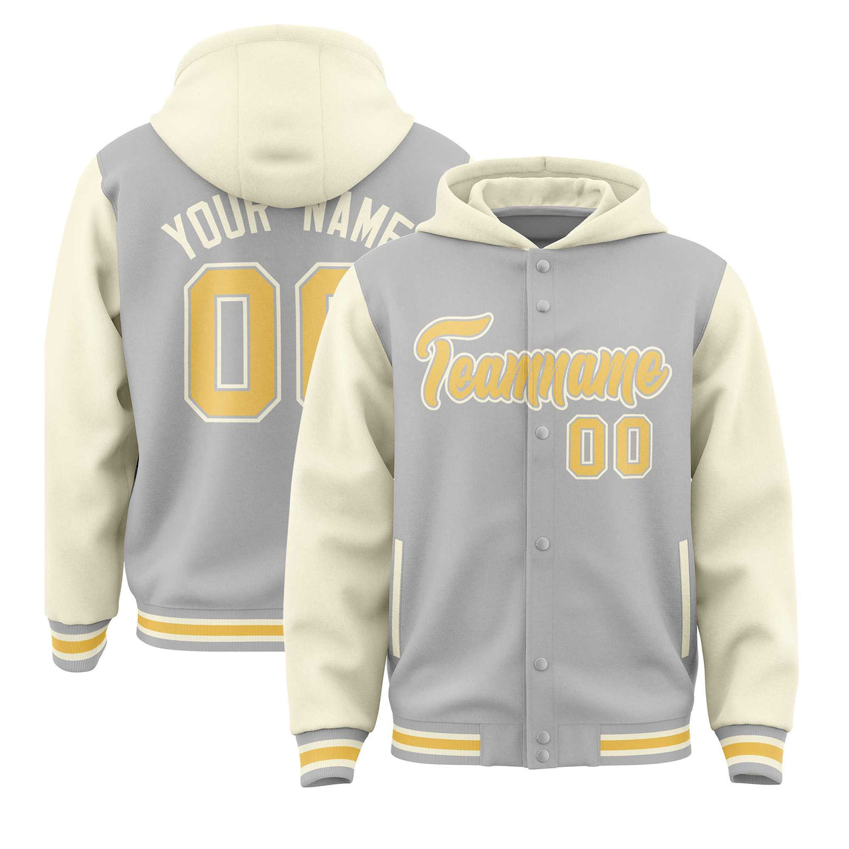 Custom Gray Cream Raglan Sleeves Varsity Full-Snap Letterman Two Tone Jacket Hoodie| KXKSHOP
