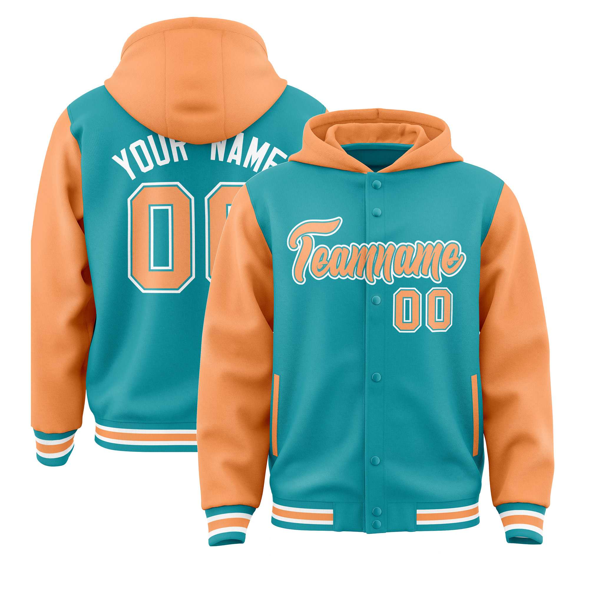 Custom Aqua Orange Raglan Sleeves Varsity Full-Snap Letterman Two Tone Jacket Hoodie| KXKSHOP