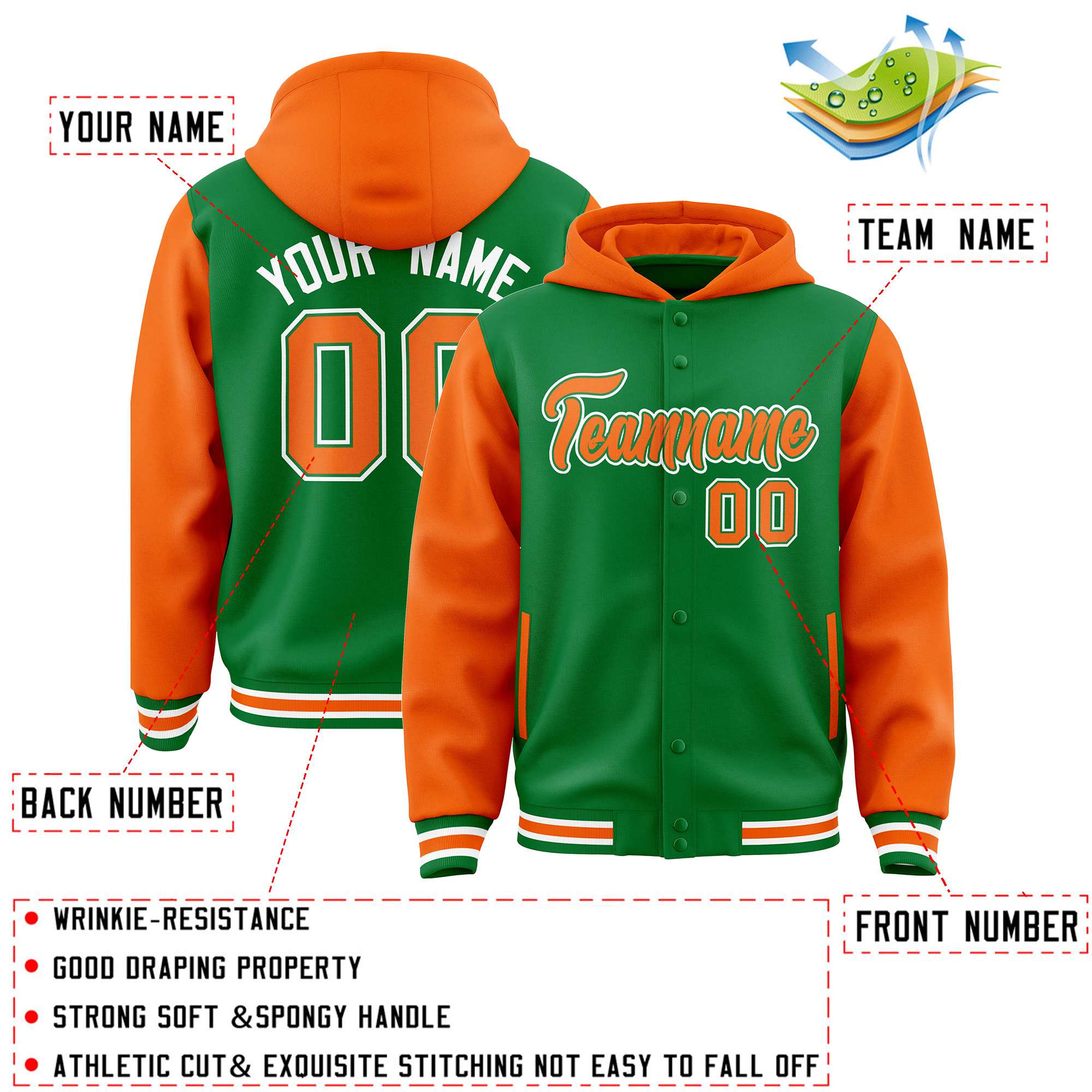 Custom Kelly Green Orange Raglan Sleeves Varsity Full-Snap Letterman Two Tone Jacket Hoodie| KXKSHOP