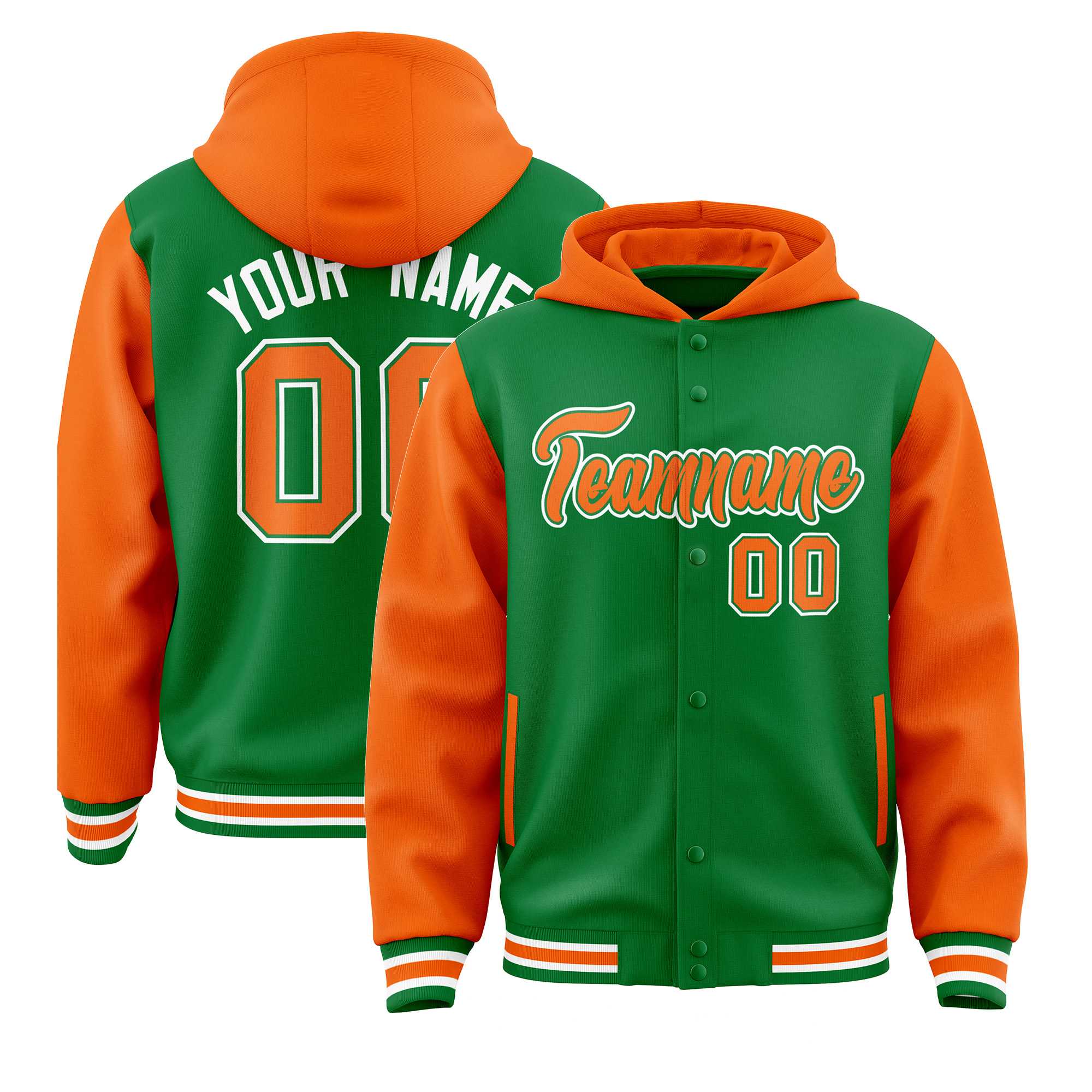 Custom Kelly Green Orange Raglan Sleeves Varsity Full-Snap Letterman Two Tone Jacket Hoodie| KXKSHOP