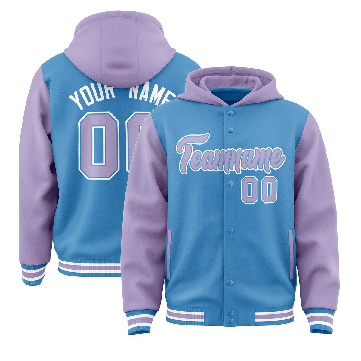 Custom Powder Blue Light Purple Raglan Sleeves Varsity Full-Snap Letterman Two Tone Jacket Hoodie| KXKSHOP