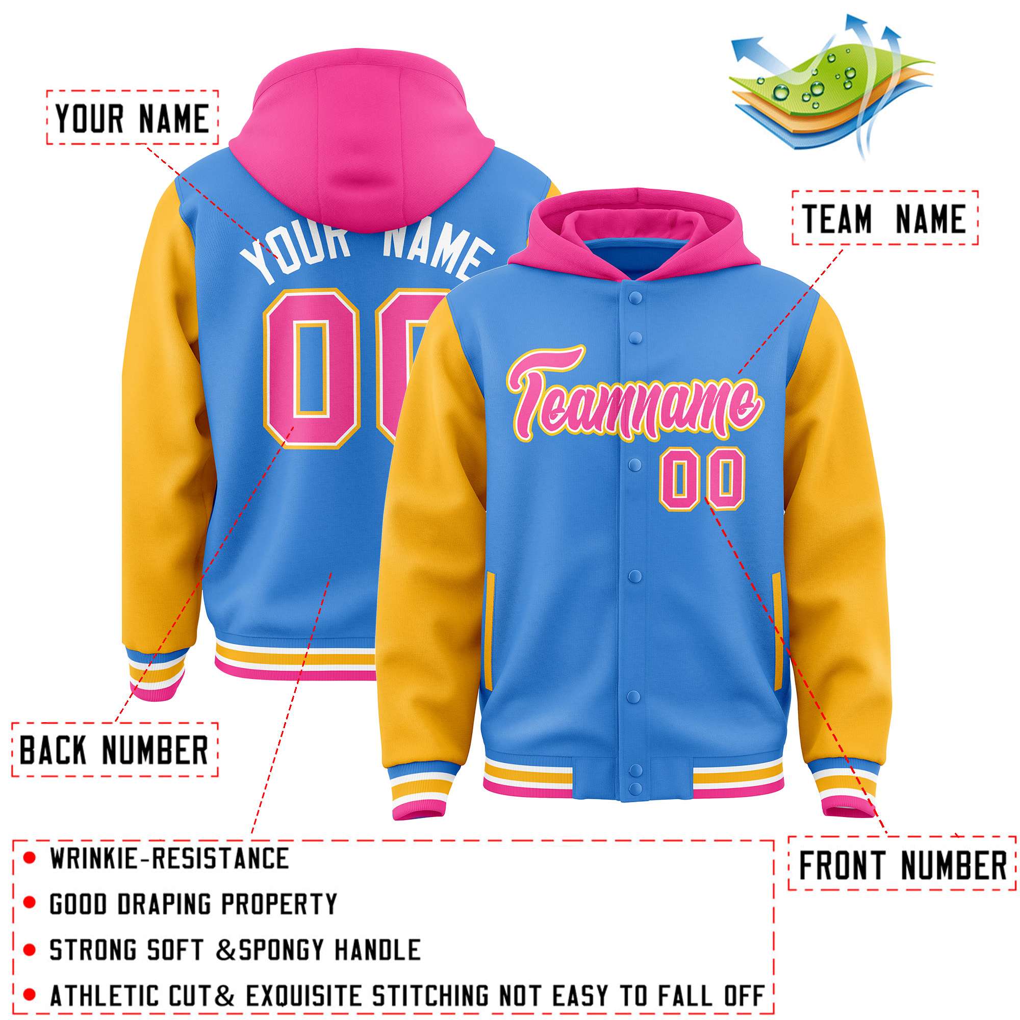 Custom Powder Blue Gold-Pink Raglan Sleeves Varsity Full-Snap Letterman Two Tone Jacket Hoodie| KXKSHOP