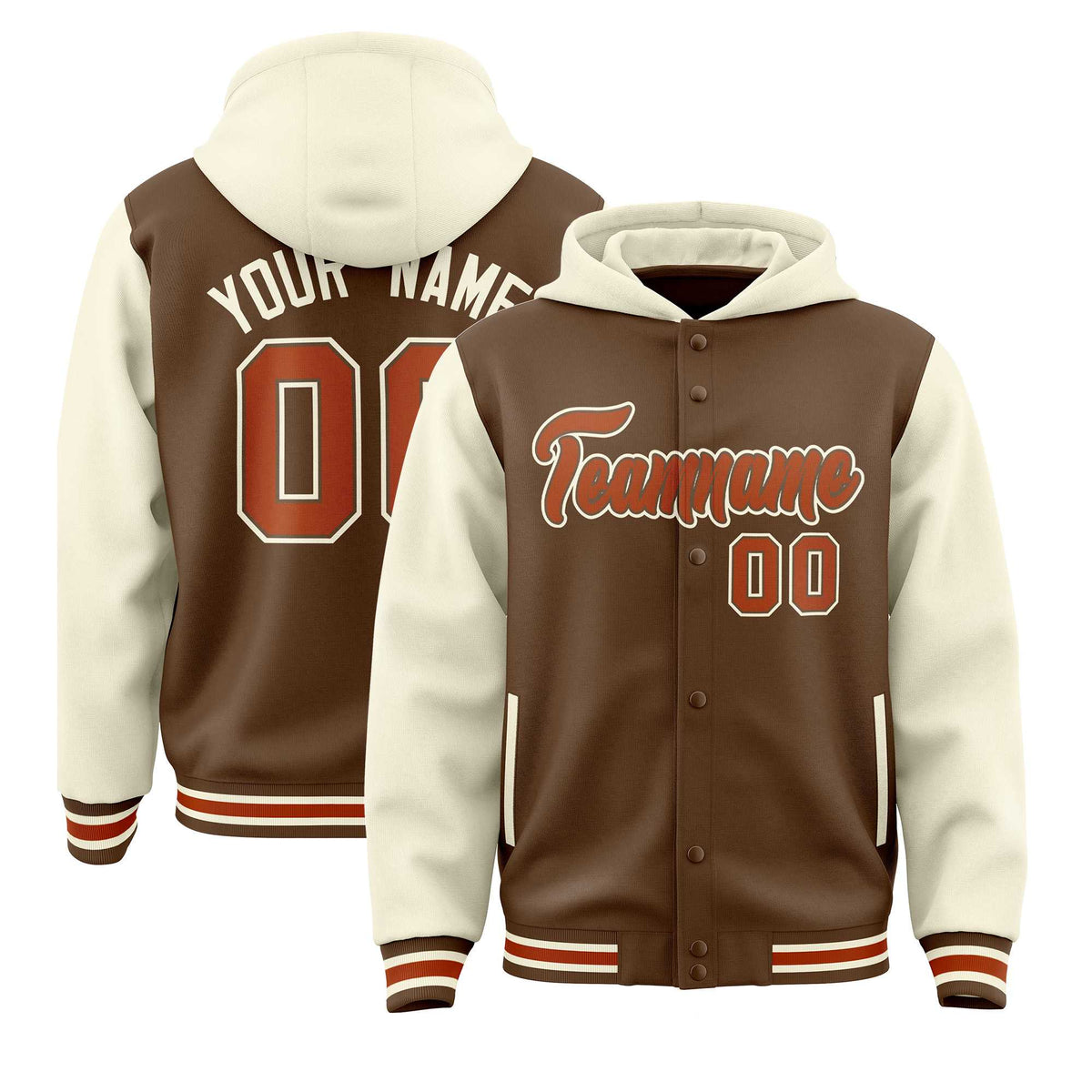 Custom Light Brown Cream Raglan Sleeves Varsity Full-Snap Letterman Two Tone Jacket Hoodie| KXKSHOP