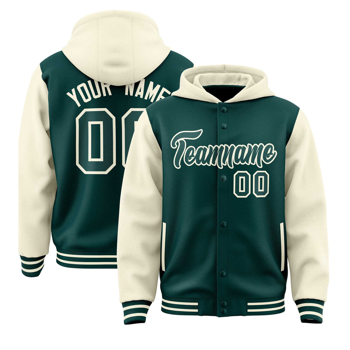 Custom Midnight Green Cream Raglan Sleeves Varsity Full-Snap Letterman Two Tone Jacket Hoodie| KXKSHOP