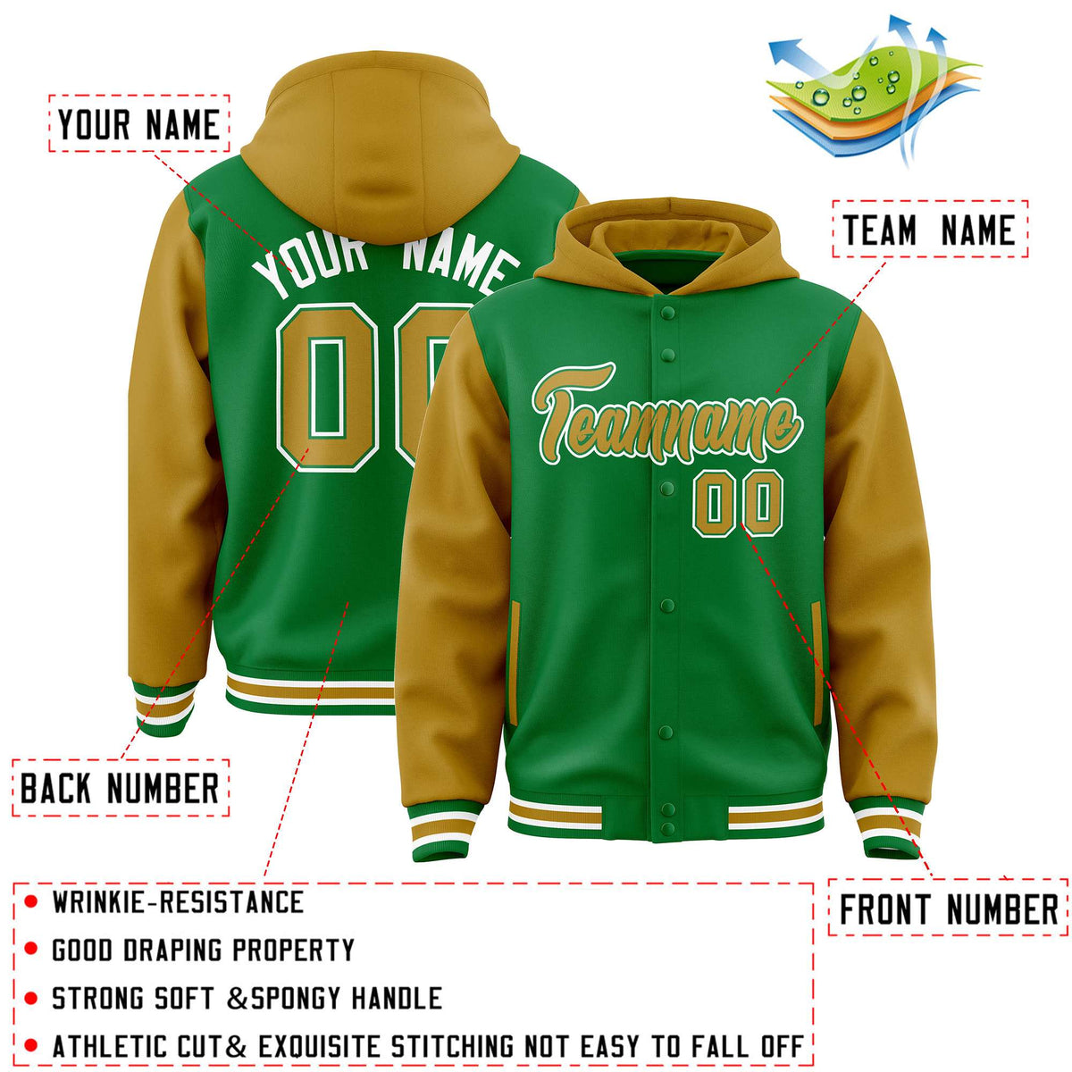 Custom Kelly Green Old Gold Raglan Sleeves Varsity Full-Snap Letterman Two Tone Jacket Hoodie| KXKSHOP