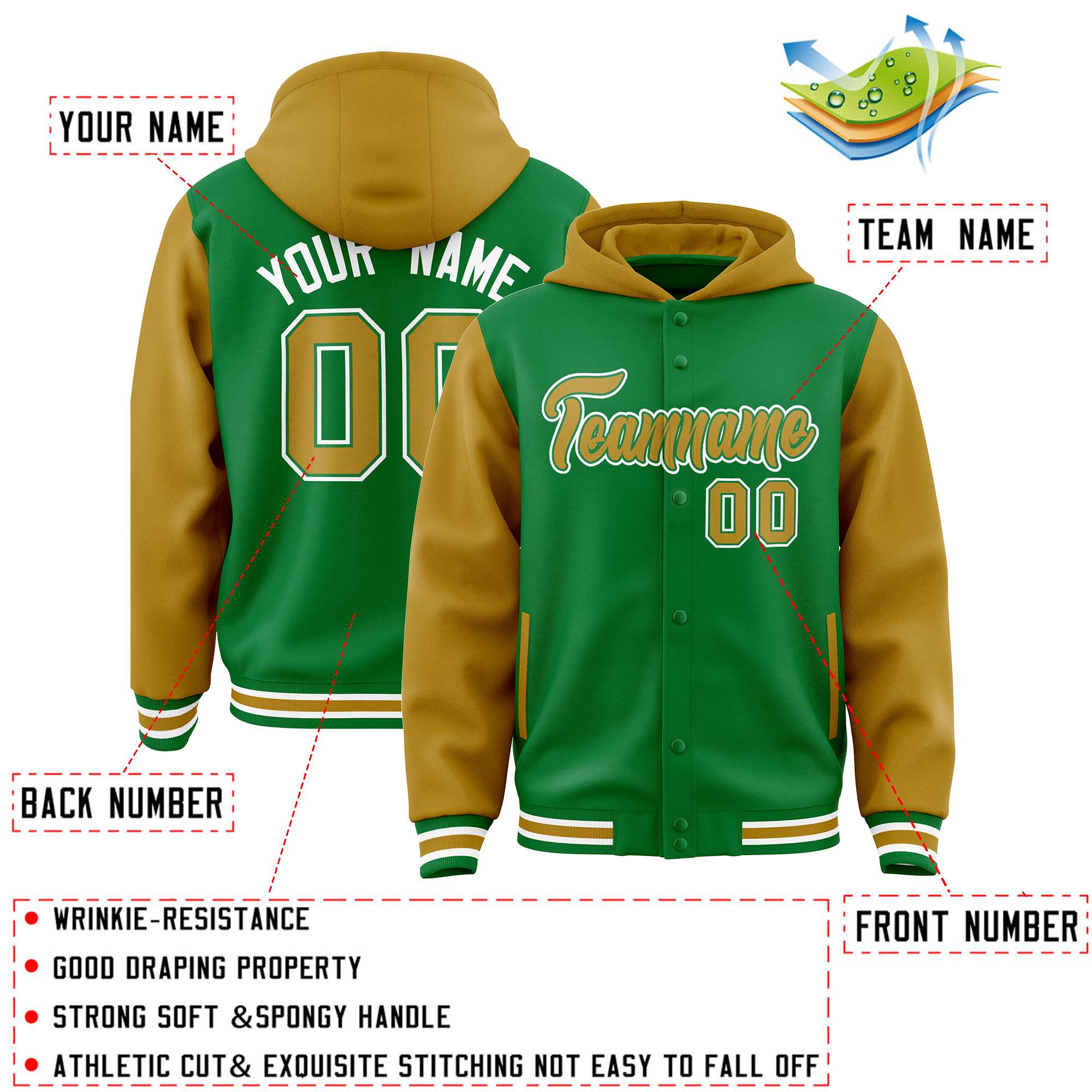 Custom Kelly Green Old Gold Raglan Sleeves Varsity Full-Snap Letterman Two Tone Jacket Hoodie| KXKSHOP