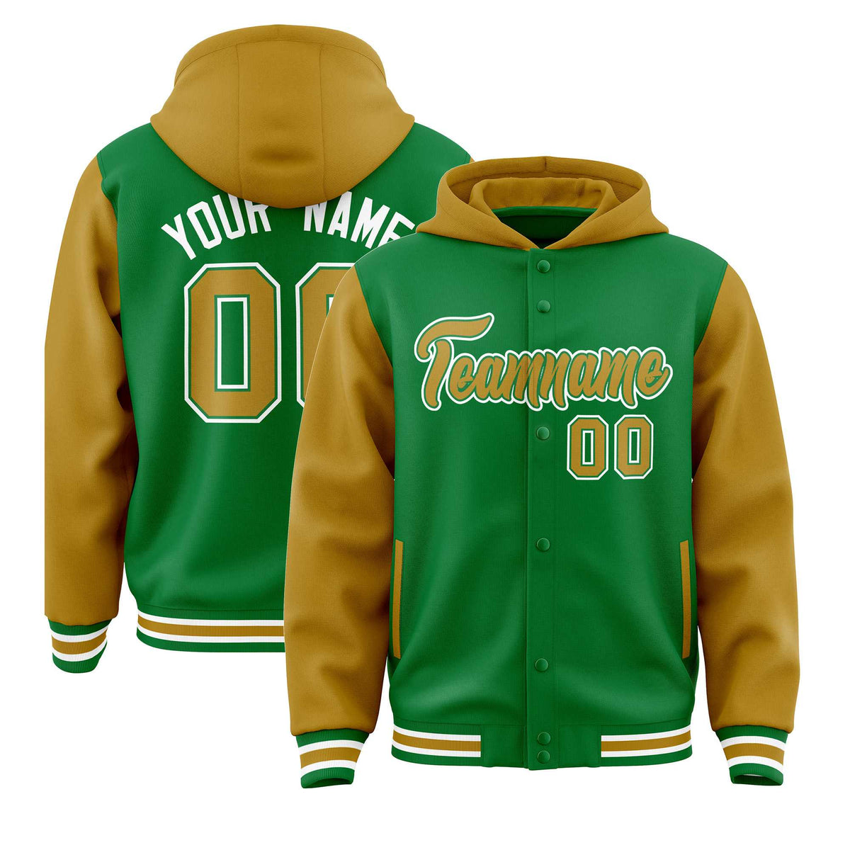 Custom Kelly Green Old Gold Raglan Sleeves Varsity Full-Snap Letterman Two Tone Jacket Hoodie| KXKSHOP