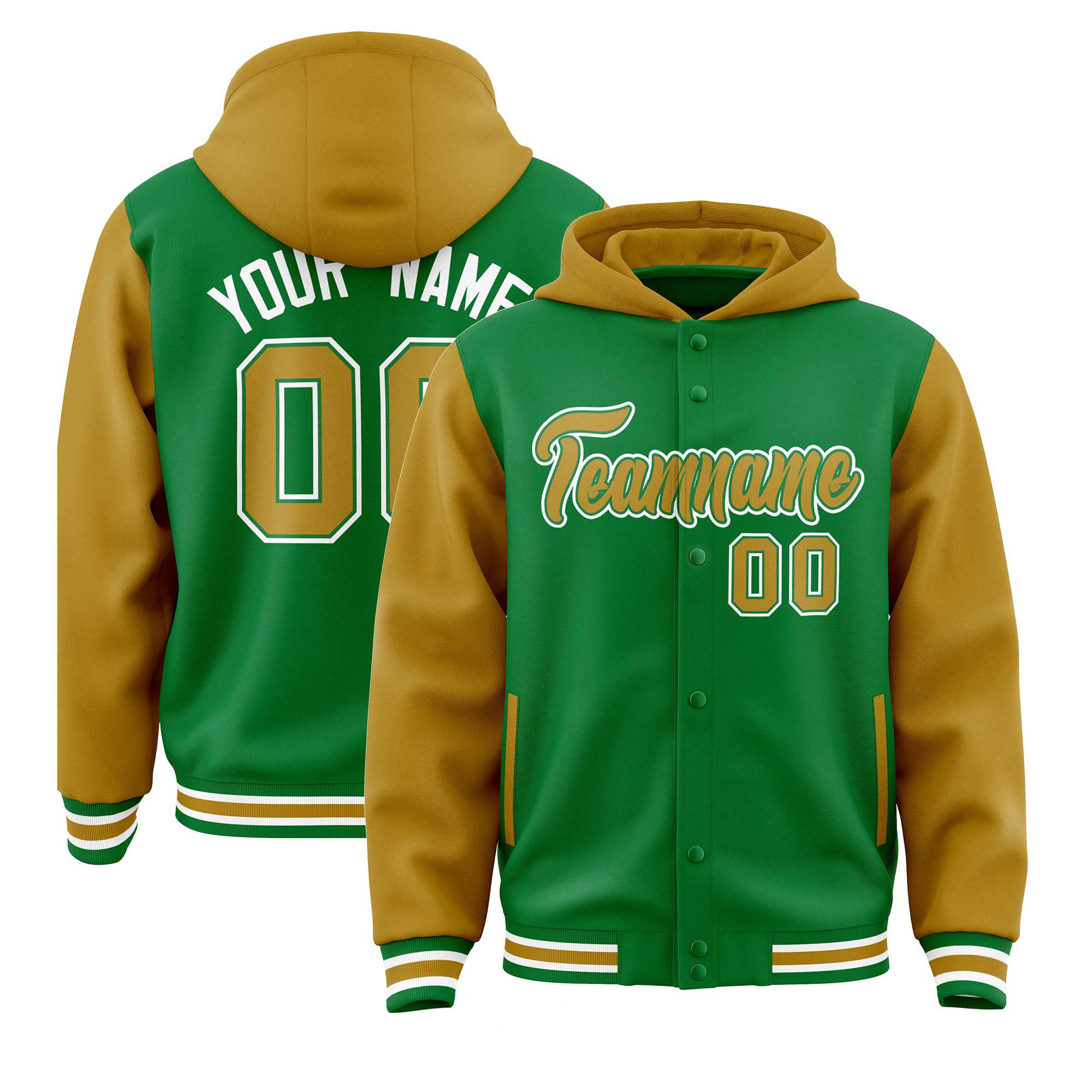Custom Kelly Green Old Gold Raglan Sleeves Varsity Full-Snap Letterman Two Tone Jacket Hoodie| KXKSHOP
