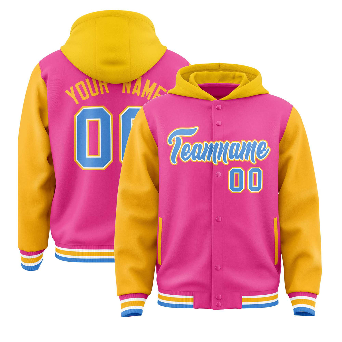 Custom Pink Gold Raglan Sleeves Varsity Full-Snap Letterman Two Tone Jacket Hoodie| KXKSHOP
