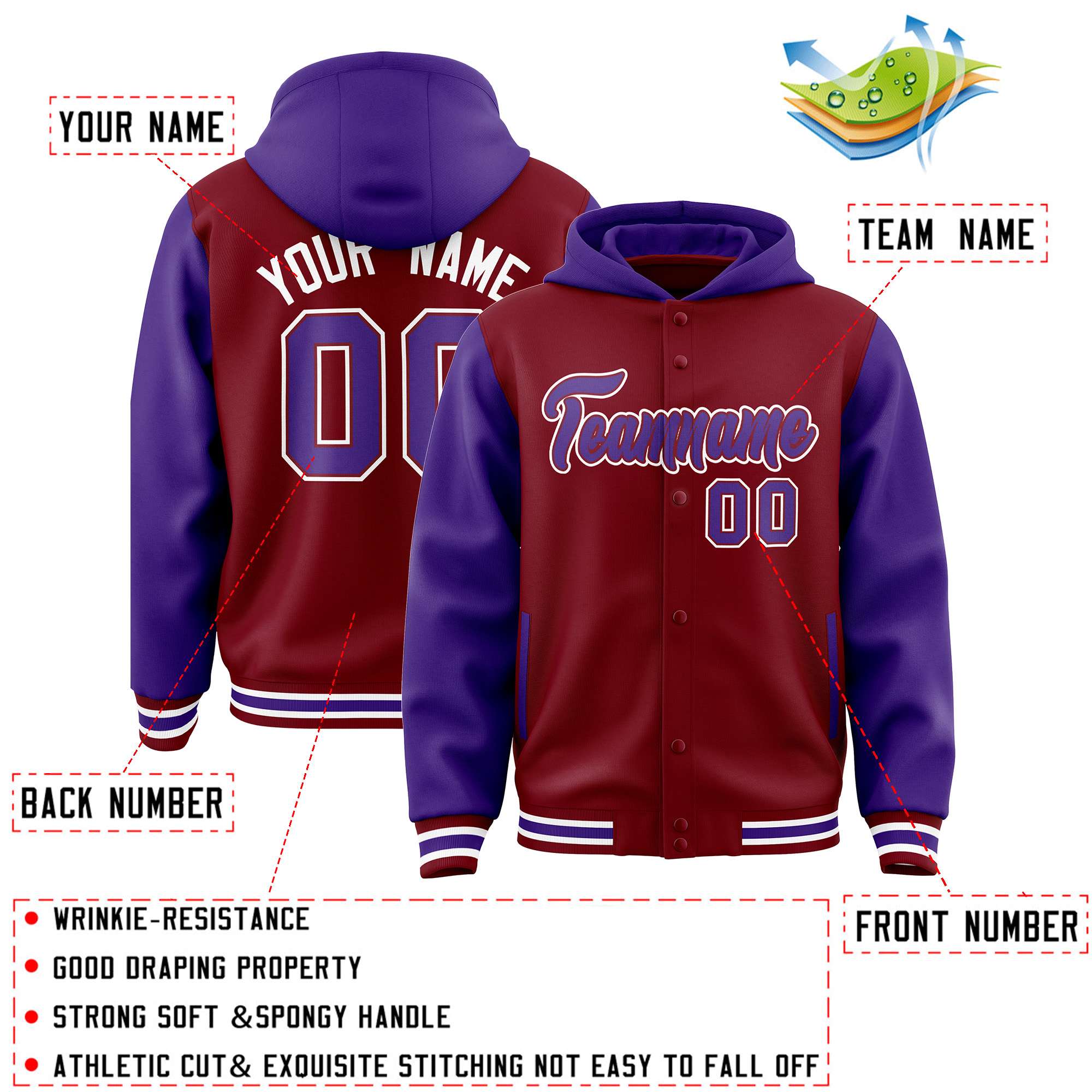 Custom Crimson Purple Raglan Sleeves Varsity Full-Snap Letterman Two Tone Jacket Hoodie| KXKSHOP