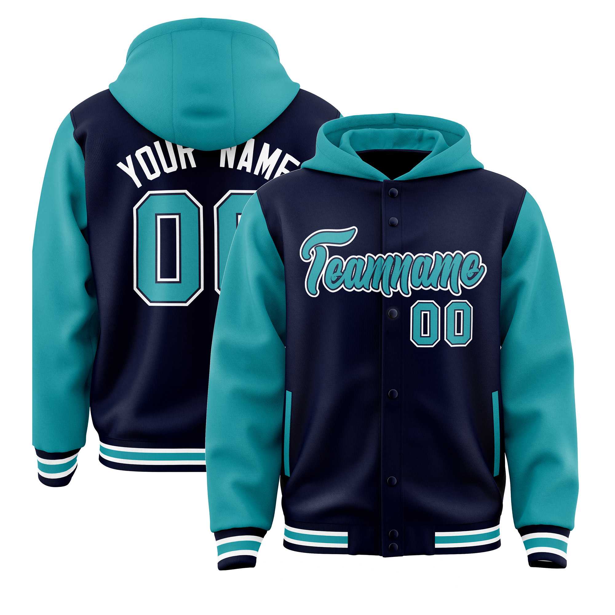 Custom Navy Aqua Raglan Sleeves Varsity Full-Snap Letterman Two Tone Jacket Hoodie| KXKSHOP