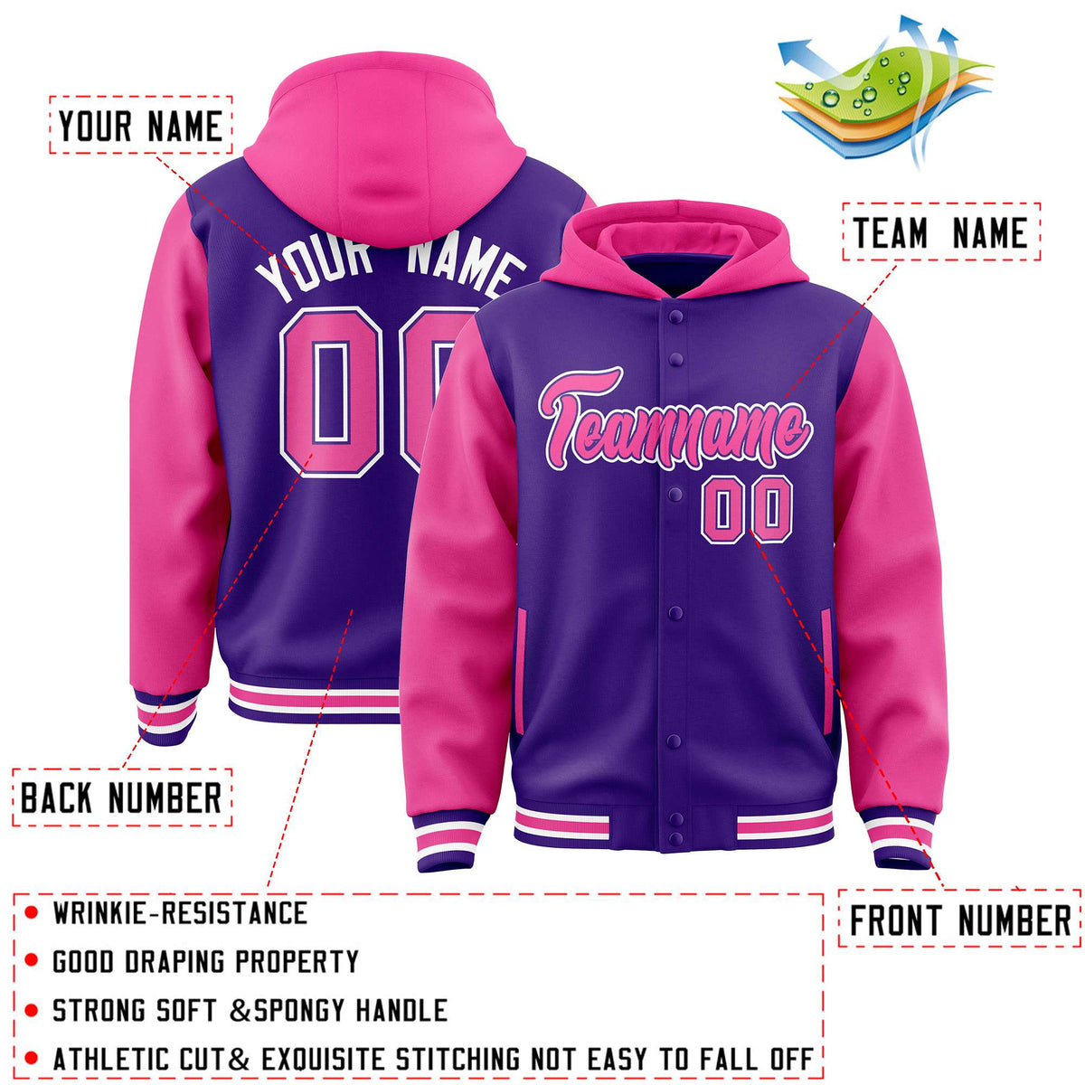 Custom Purple Pink Raglan Sleeves Varsity Full-Snap Letterman Two Tone Jacket Hoodie| KXKSHOP