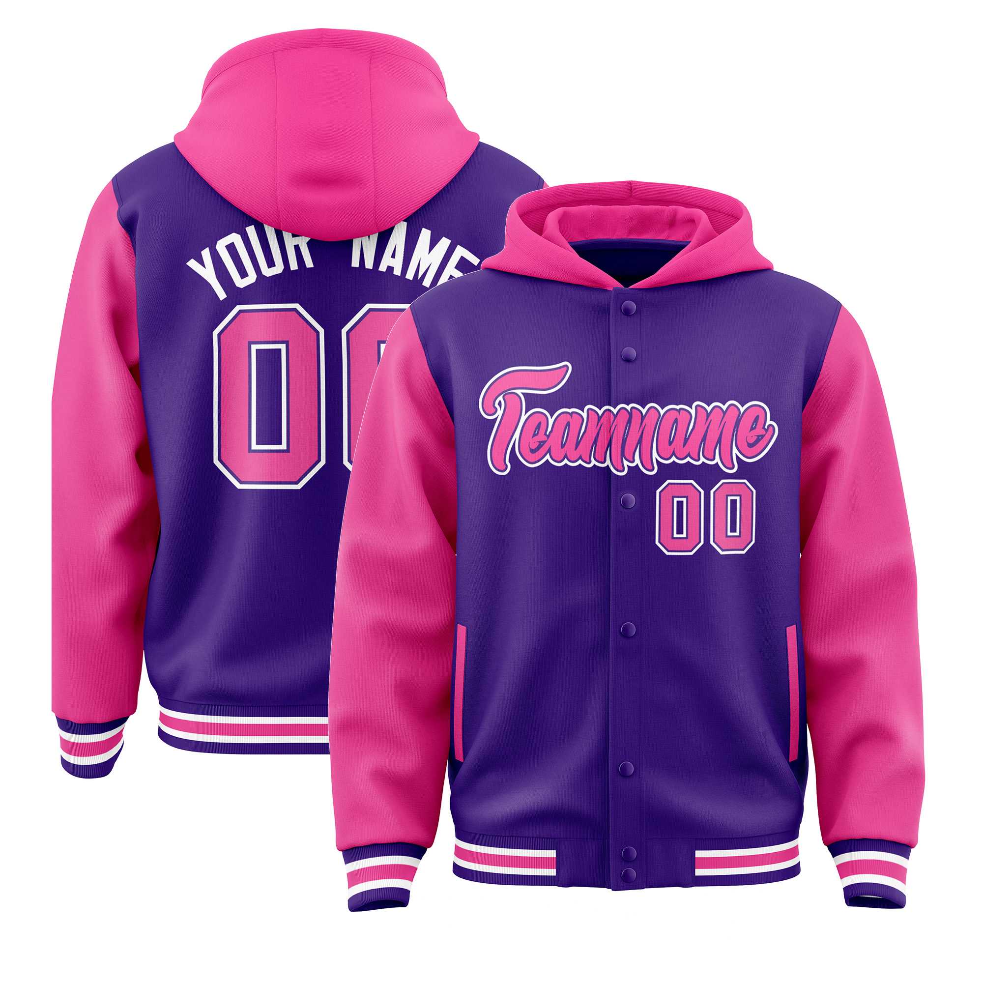 Custom Purple Pink Raglan Sleeves Varsity Full-Snap Letterman Two Tone Jacket Hoodie| KXKSHOP