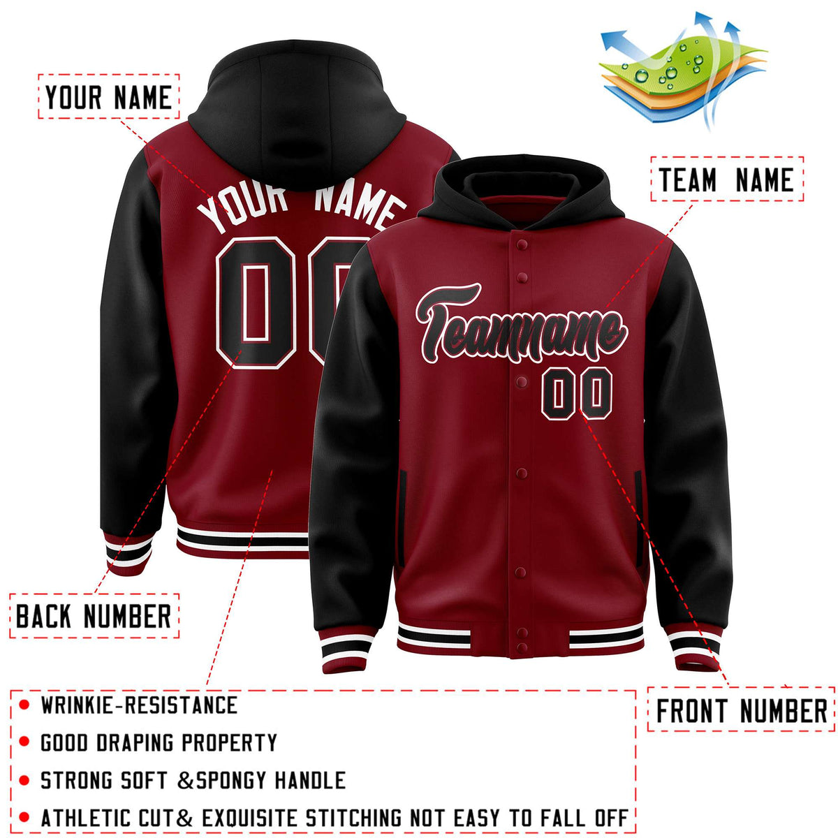 Custom Crimson Black Raglan Sleeves Varsity Full-Snap Letterman Two Tone Jacket Hoodie| KXKSHOP